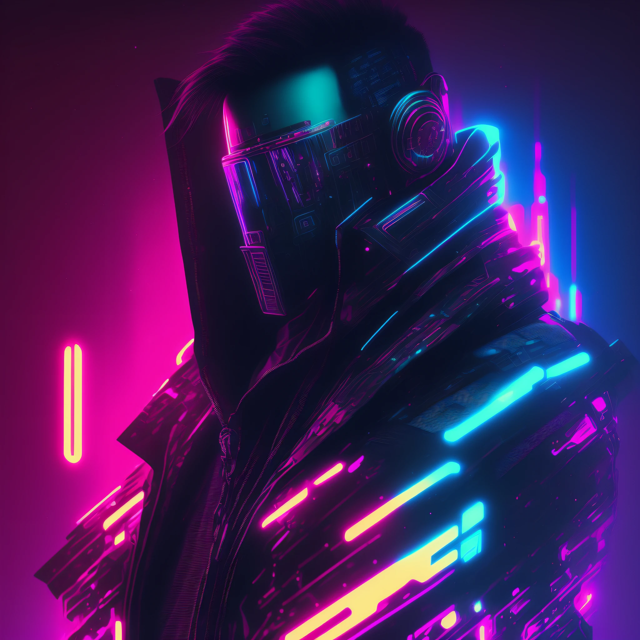 Man, cyberpunk style portrait, futuristic (neon: 1.1) reflective wear, science fiction. artgern, art, illustration, ((dark environment)), ((vegnette)), ((HDR)) ((minimal palette colors)), soft tones, soft colors, faint colors, calm, highly detailed pastel colors, intricate details