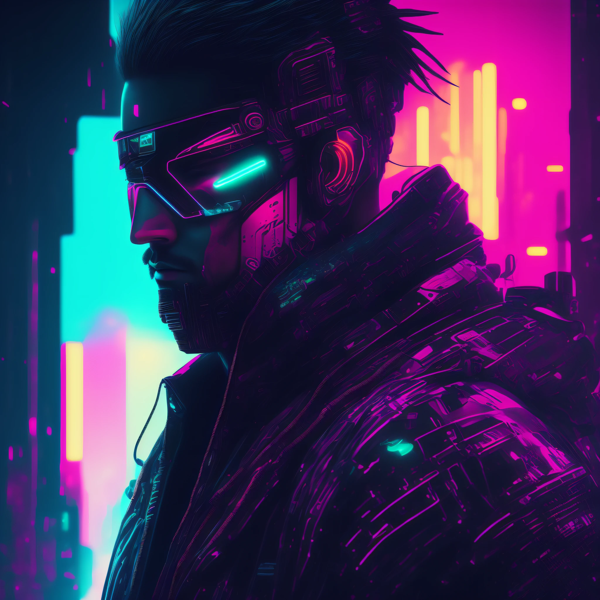 Man, cyberpunk style portrait, futuristic (neon: 1.1) reflective wear, science fiction. artgern, art, illustration, ((dark environment)), ((vegnette)), ((HDR)) ((minimal palette colors)), soft tones, soft colors, faint colors, calm, highly detailed pastel colors, intricate details