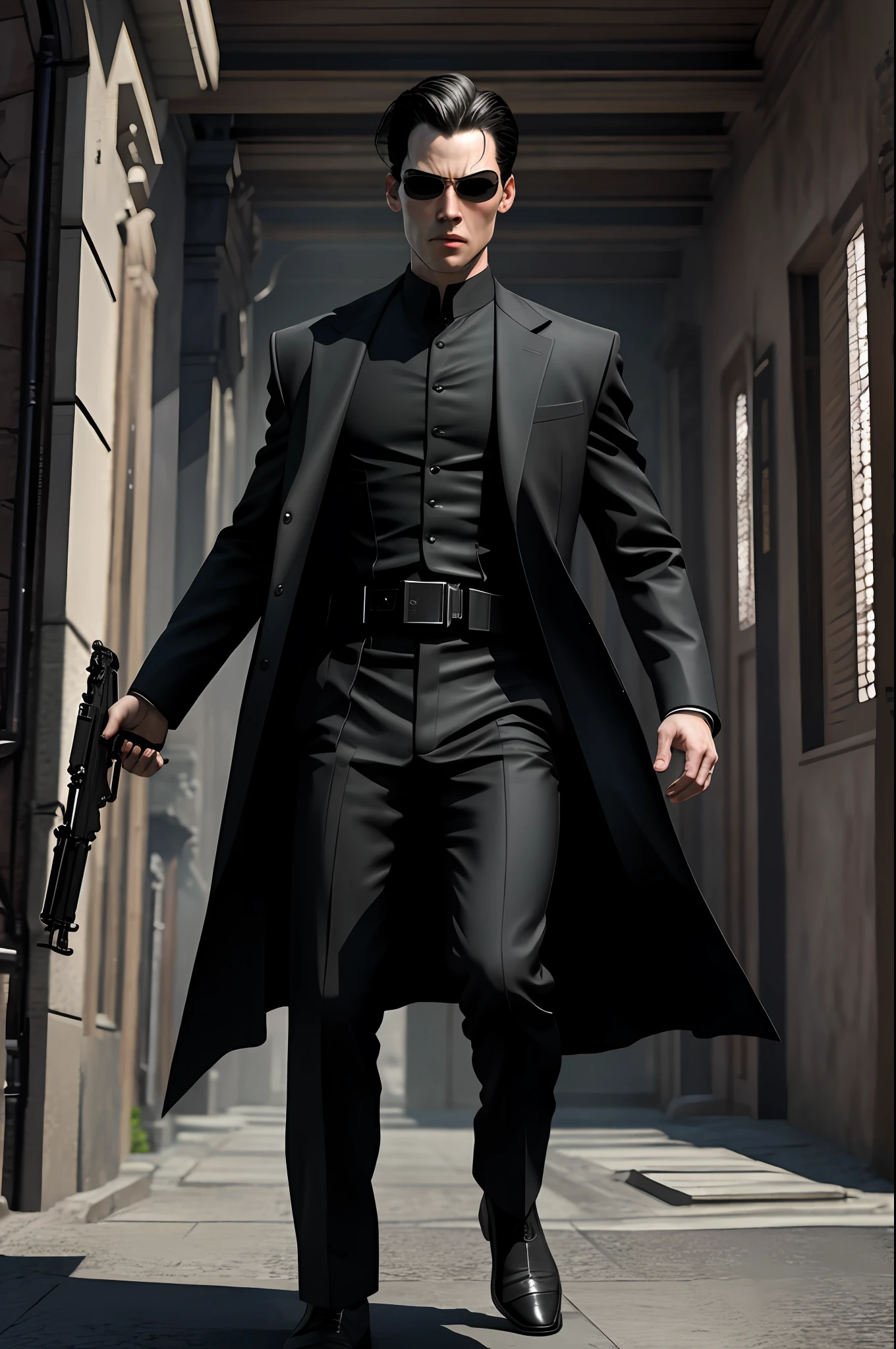 (8k, RAW photo, best quality, masterpiece: 1.2), ultra detailed, official art, photo-realistic: 1.37, upper body shot, Neo from The Matrix, film grain, action pose