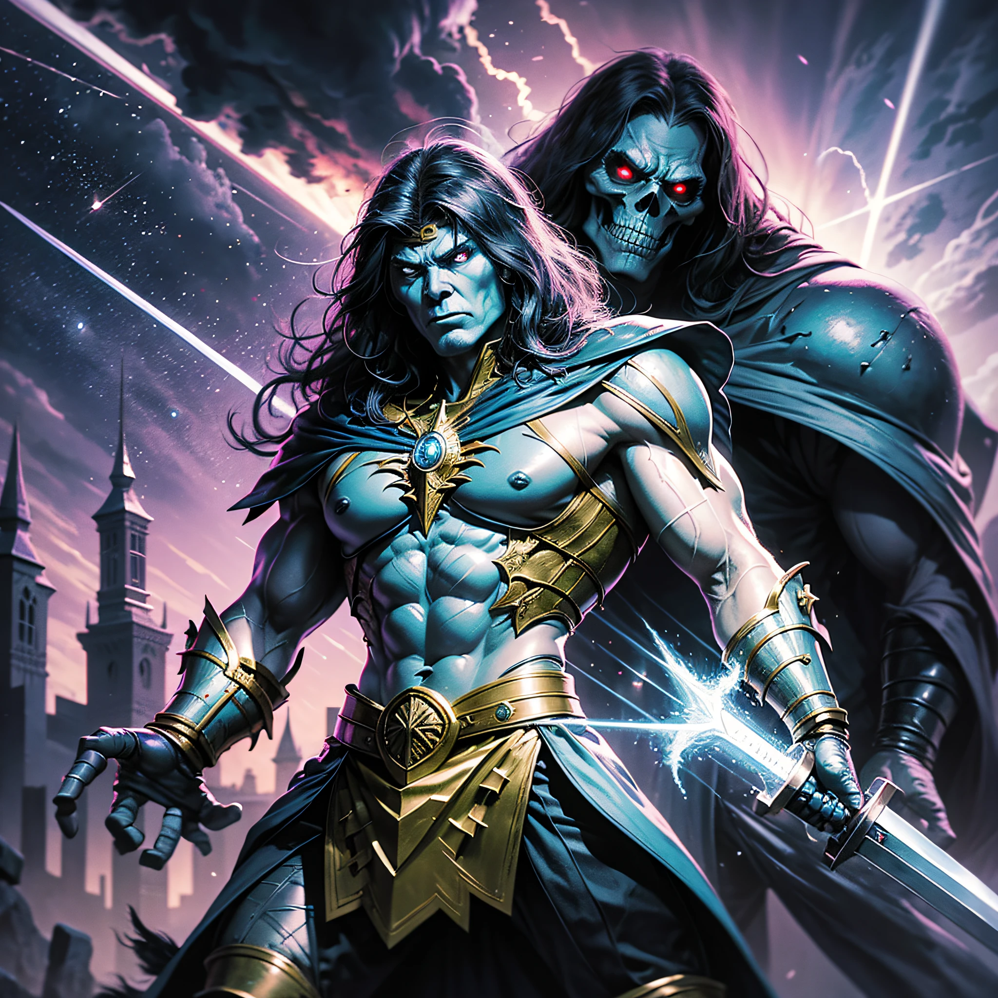 Ultra realistic, He-Man is a superhero and main protagonist of the franchise of swords and planets Masters of the Universe, 01 homeem, barbarian, raising his sword in front of the castle of Castle Grayskull, with lightning coming out of his sword, next to his mortal enemy, the skeleton, Skeletor is the evil master of Eternia. In ultra realistic quality, 4k
