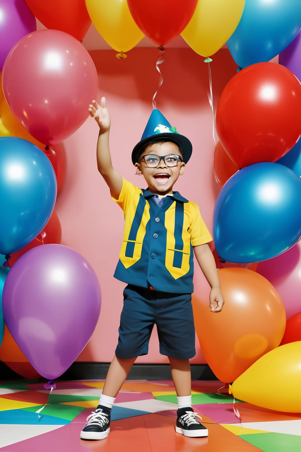 guttonerdvision5, Based on the prompt, I would create an animated scene featuring a 3-year-old boy wearing glasses. He would be depicted with a detailed and sharp face, wearing a birthday party hat and holding a floating birthday balloon. The scene would be filled with a vibrant and festive atmosphere, with an abundance of party balloons surrounding the boy.

The boy's joyful expression would be captured, highlighting his excitement and anticipation for his special day. The details of his glasses, hat, and balloon would be carefully rendered to reflect the style of artist Alex Ross, known for his intricate illustrations.

The background would be adorned with colorful and whimsical party decorations, with a variety of balloons in different shapes, sizes, and colors floating in the air. The dynamic motion of the balloons would add a sense of playfulness and movement to the scene.

The animation would bring the scene to life, with the boy's eyes sparkling, the balloon gently swaying, and the surrounding balloons subtly floating in the air. The overall animation style would reflect the charm and joy of a child's birthday celebration.

This prompt would result in an animated illustration by Alex Ross that captures the innocence, excitement, and fun of a 3-year-old boy's birthday, immersing the viewer in a vibrant and festive world of balloons and celebration.