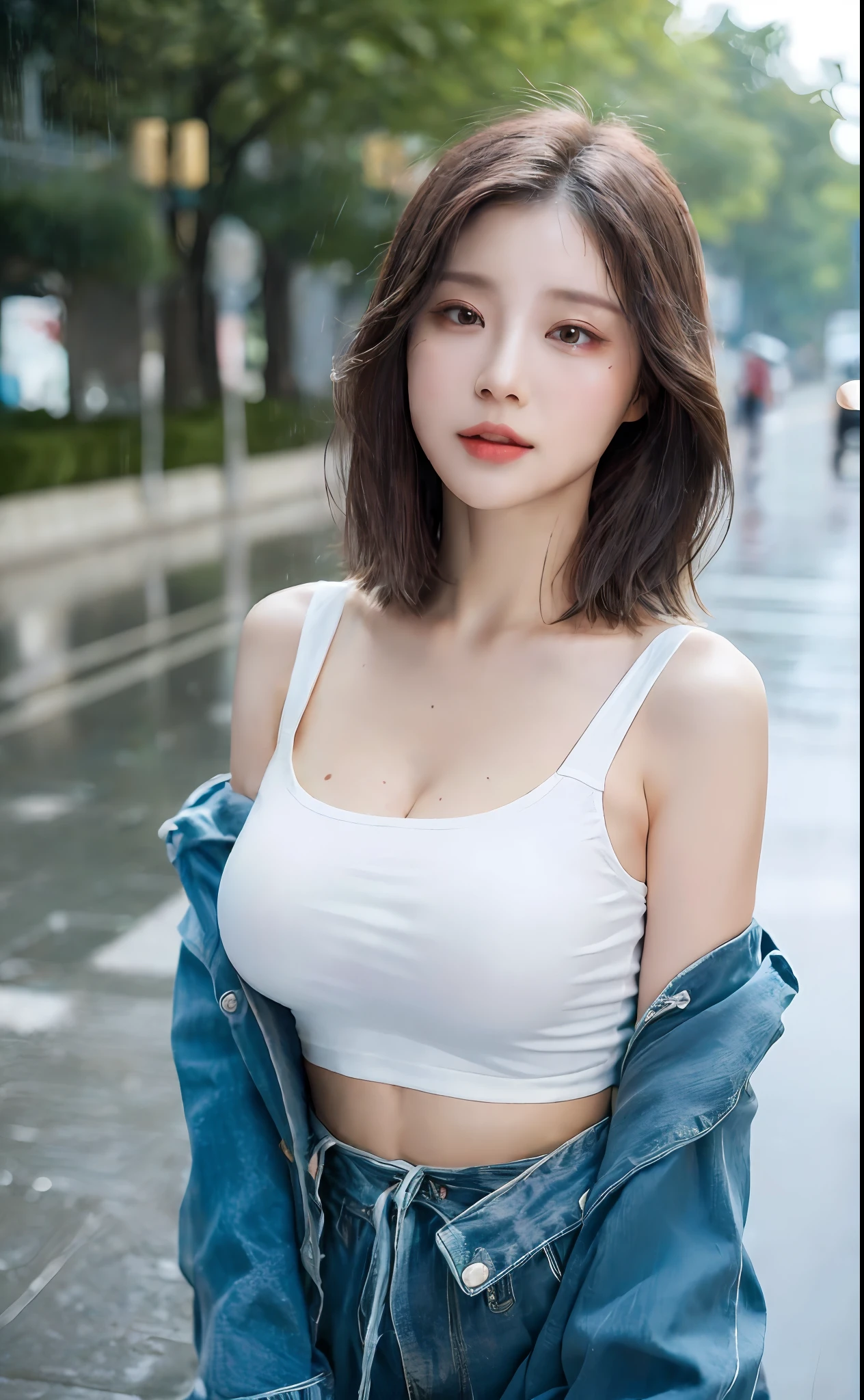 ((Best Quality, 8k, Masterpiece: 1.3)), Focus: 1.2, Perfect Body Beauty: 1.4, Buttocks: 1.2, ((Layered Haircut)), (Wet Clothes: 1.1), (Rain, Street:1.3), (Breasts: 1.2), (Hanfu: 1.2), Bare Shoulders, Bare Legs, Highly Detailed Face and Skin Texture, Fine Eyes, Double Eyelids, Whitened Skin, Long Hair, (Shut Up: 1.5), (Bokeh Background: 1.5), Big Breasts