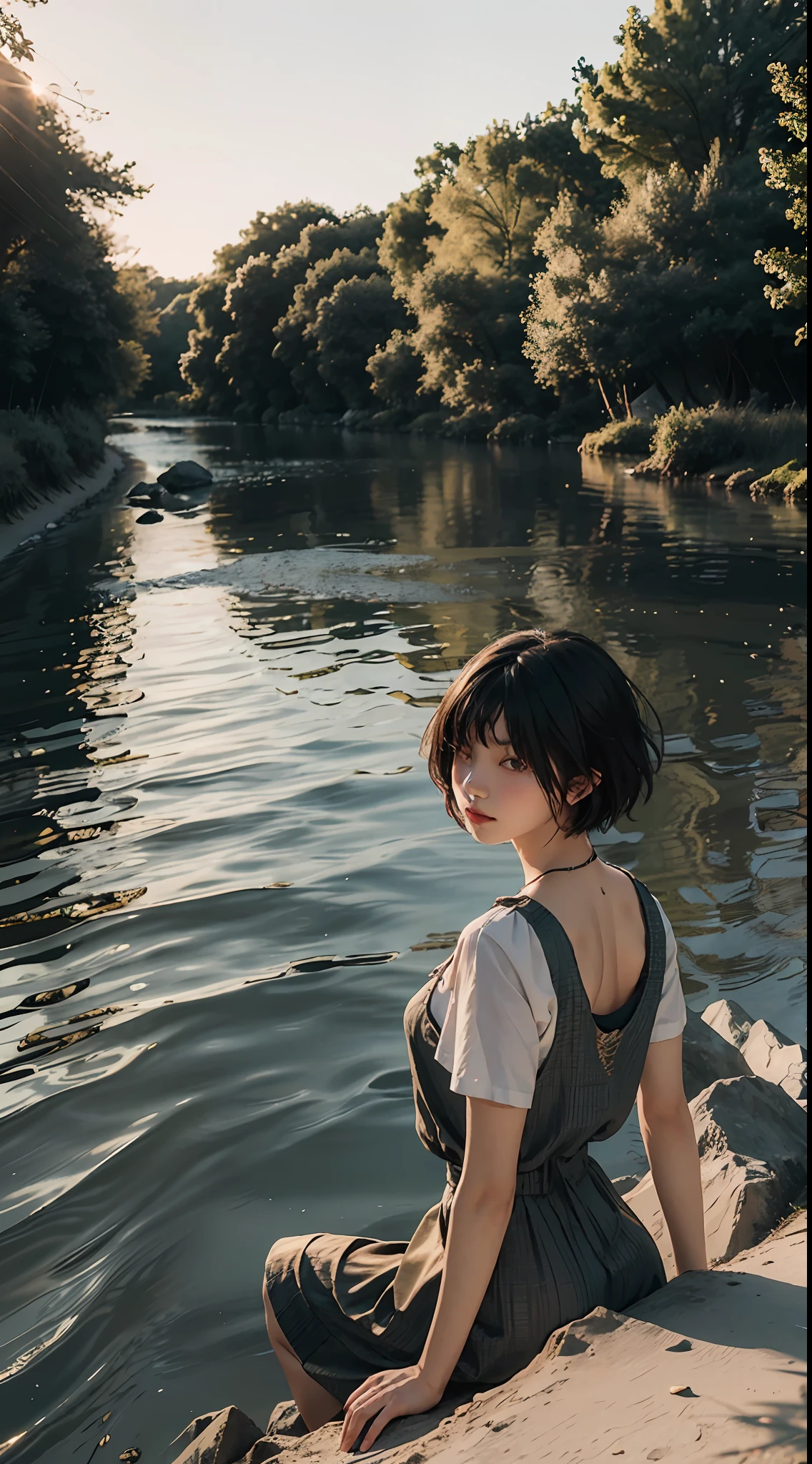 Top quality, masterpiece, ultra high definition, (reality: 1.4), original photo, 1Girl, Sasafune, dusk, riverbank, summer, shorthair, lonely, landscape