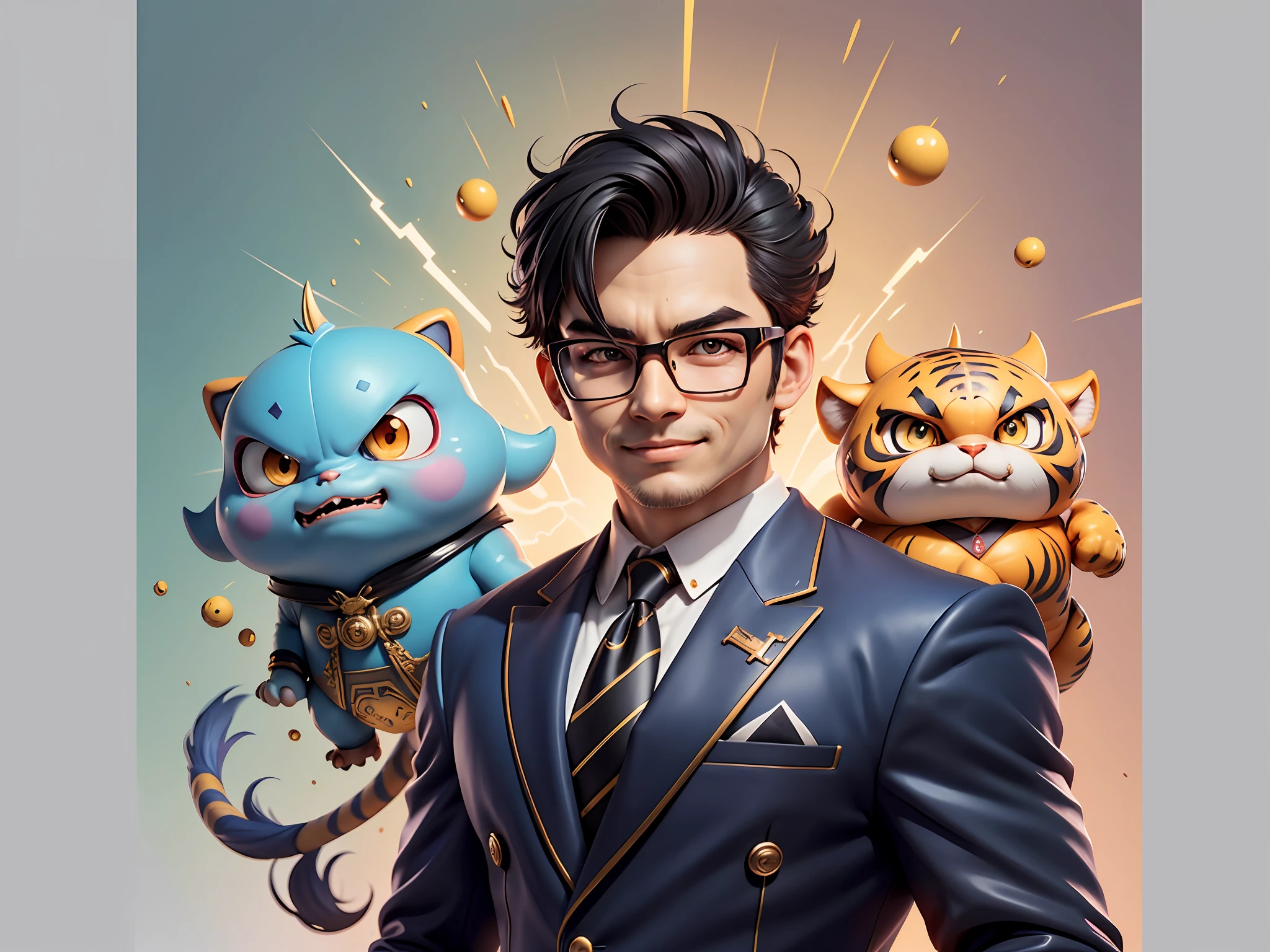 (Masterpiece), (Extreme Quality), (Super Meticulous), (Full Body: 1.2), Super Young Man, Chinese Dragon, Tiger, Wind God Thor, Sexy, Bursting, Oriental Face, TV Anchor, Bust Portrait Illustration, Black Formal Suit, Blue Tie, Slightly Chubby Face, Silver Glasses, Very Clean Face, No Beard on Chin, Black Super Short Hair, Black Eyes, Confident Smile, 3c Computer Sub-Products, iPad, iPhone, Digital Painting, 3D Character Design by Mark Claireden and Pixar and Hayao Miyazaki and Akira Toriyama, The illustration is a high-definition illustration in 4K resolution with very detailed facial features and cartoon-style visuals.