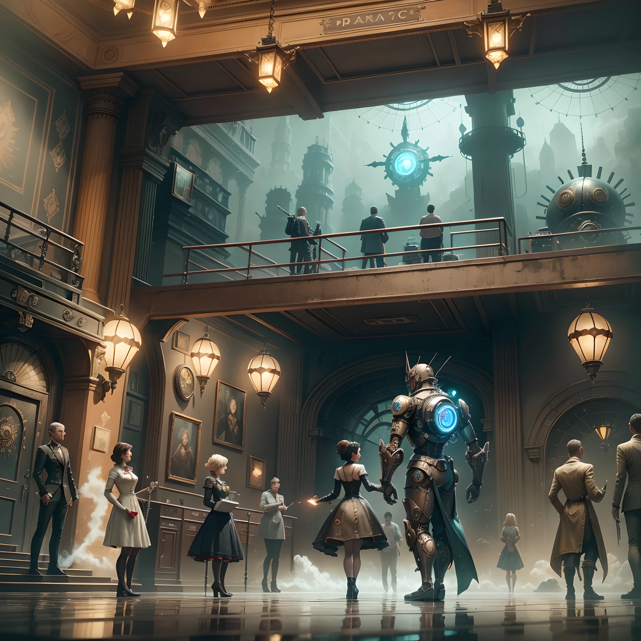 A masterpiece that is similar to Atomic heart interms of character design , robot twins left and right atomic heart, Bioshock atmosphere underwater and inovative and steampunk, various scenes ,Avant-garde, innovative, advanced, innovatory, original, experimental, inventive, ahead of the times, thought provoking, A master piece of art that is of an steam punk alternate universe,characters are in a theatre, theme is similar to BioShock and Atomic Heart. Beauty,balanced ,perfection,well formed limbs,excellent eyes,extreme details ,reflections, HDR ,oled , pastel colours, beautiful lines.