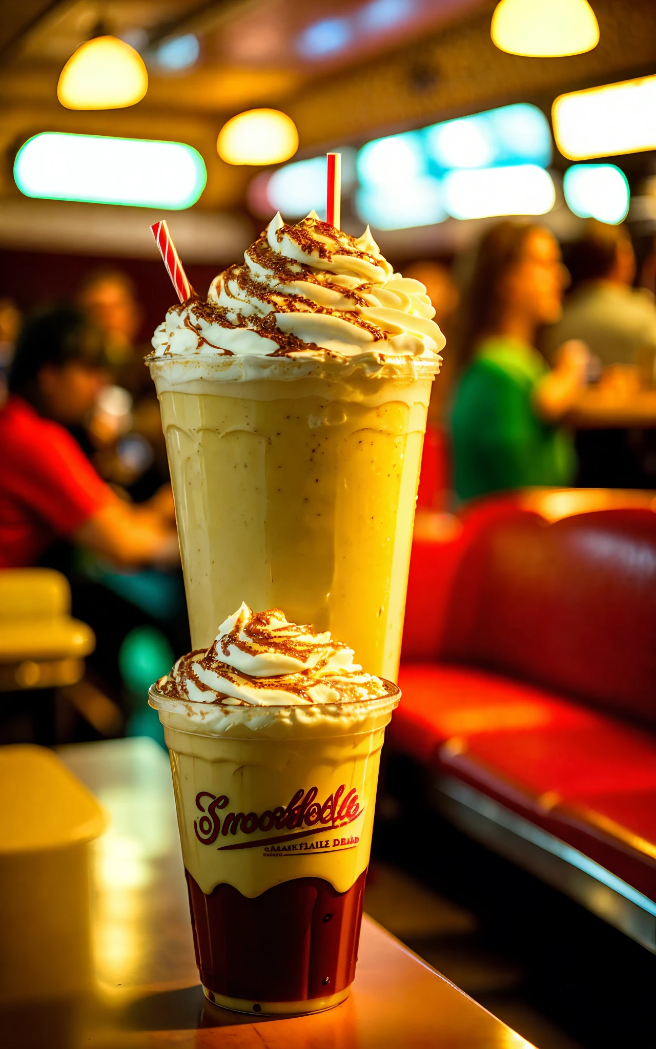 POV photo of an amazing snozboffle milkshake with chocolate syrup. busy retro diner interior background, people in background, kodak vision 3
