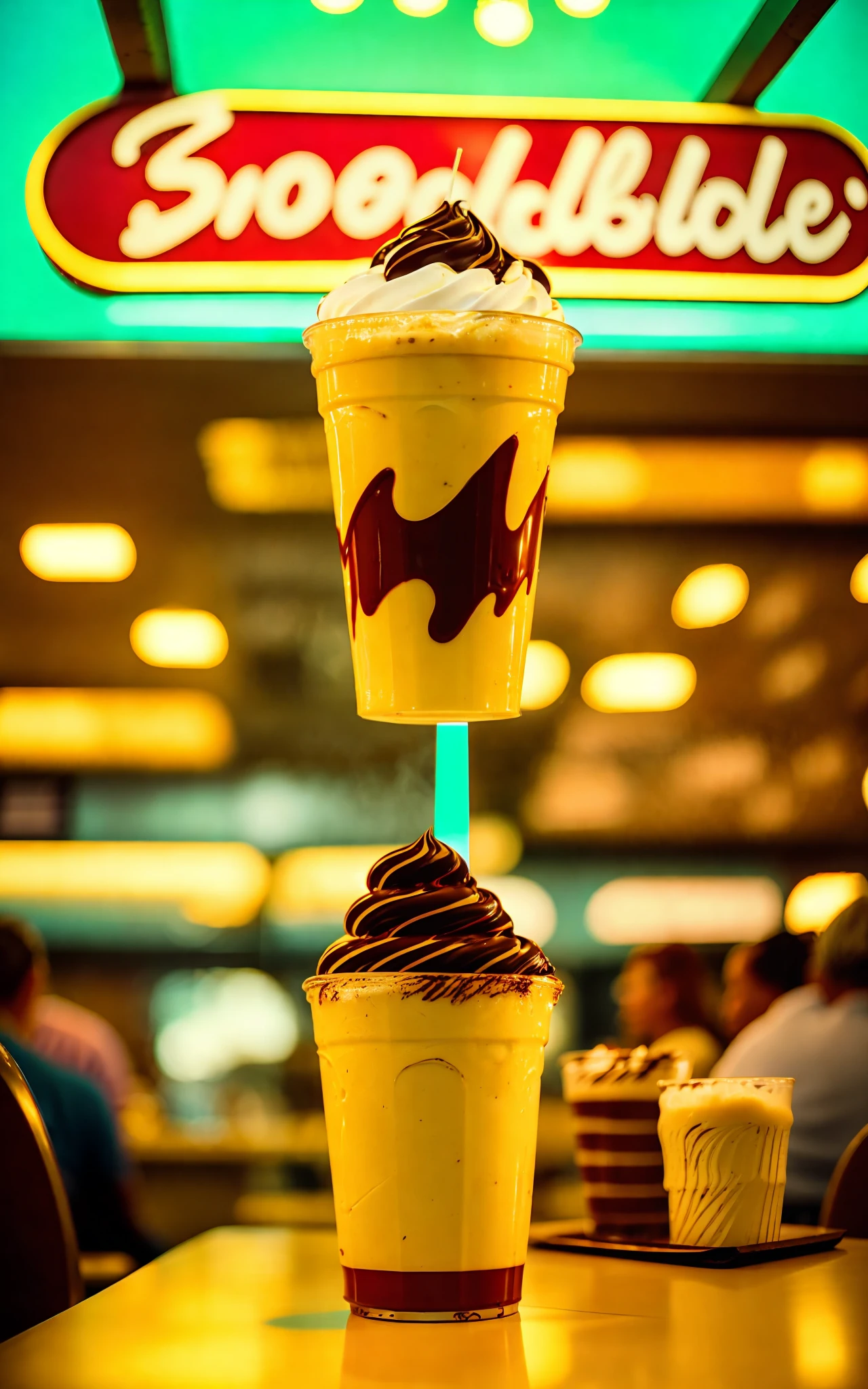 POV photo of an amazing snozboffle milkshake with chocolate syrup. busy retro diner interior background, people in background, kodak vision 3