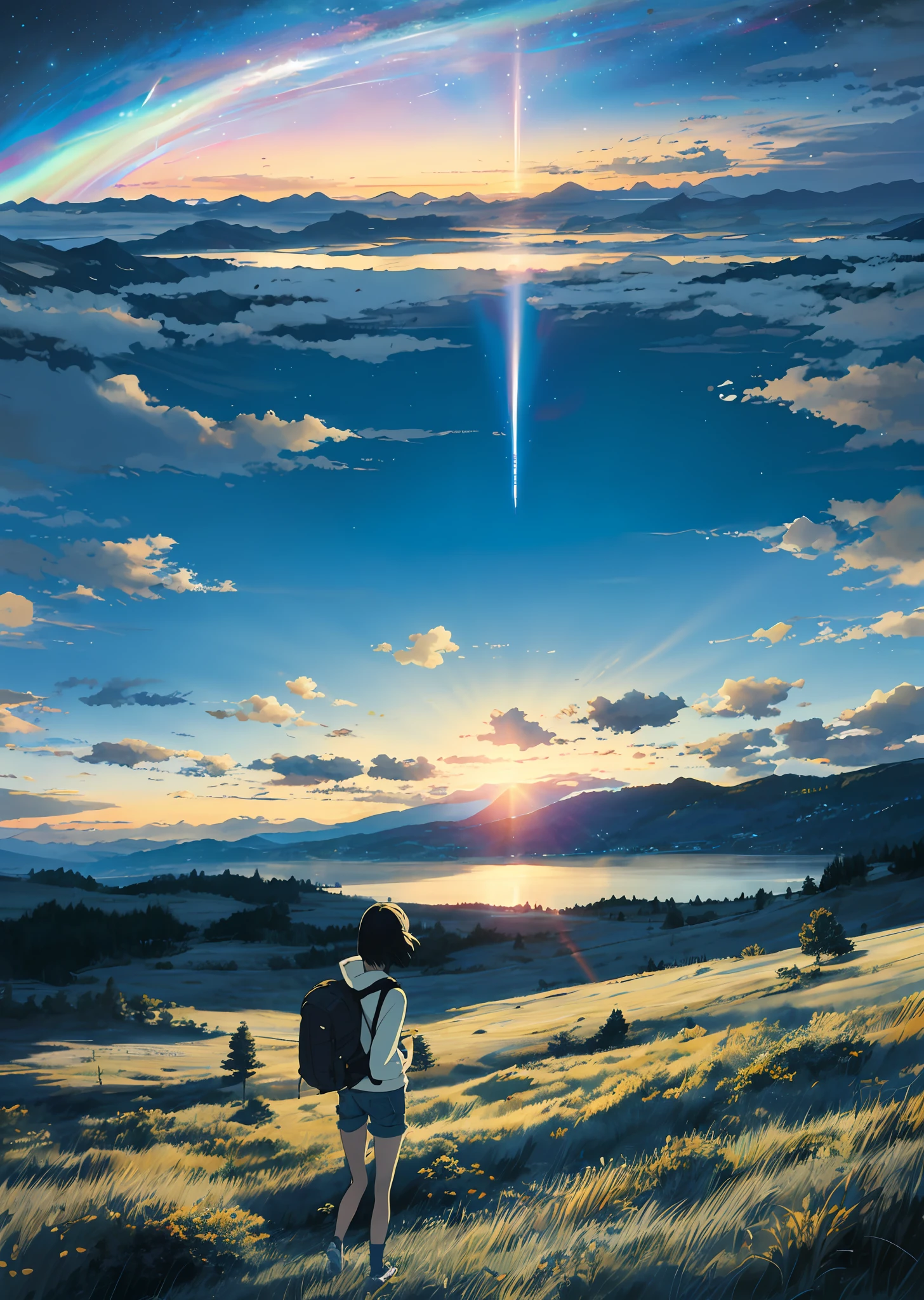 Vast sky, beautiful skyline, wide grasslands, very tense and dramatic pictures, moving visual effects, hanging high Polaris and colorful natural lights. A girl with a loose hoodie, short hair, six-headed body, denim shorts and a low, hanging backpack.