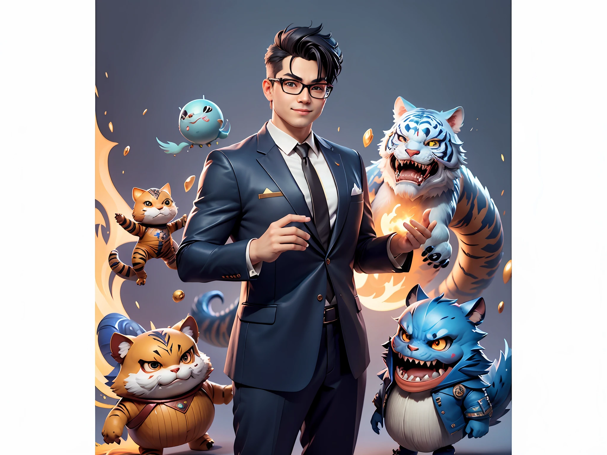 (Masterpiece), (Extreme Quality), (Super Meticulous), (Full Body: 1.2), Super Young Man, Chinese Dragon, Tiger, Wind God Thor, Sexy, Bursting, Oriental Face, TV Anchor, Bust Portrait Illustration, Black Formal Suit, Blue Tie, Slightly Chubby Face, Silver Glasses, Very Clean Face, No Beard on Chin, Black Super Short Hair, Black Eyes, Confident Smile, 3c Computer Sub-Products, iPad, iPhone, Digital Painting, 3D Character Design by Mark Claireden and Pixar and Hayao Miyazaki and Akira Toriyama, The illustration is a high-definition illustration in 4K resolution with very detailed facial features and cartoon-style visuals.