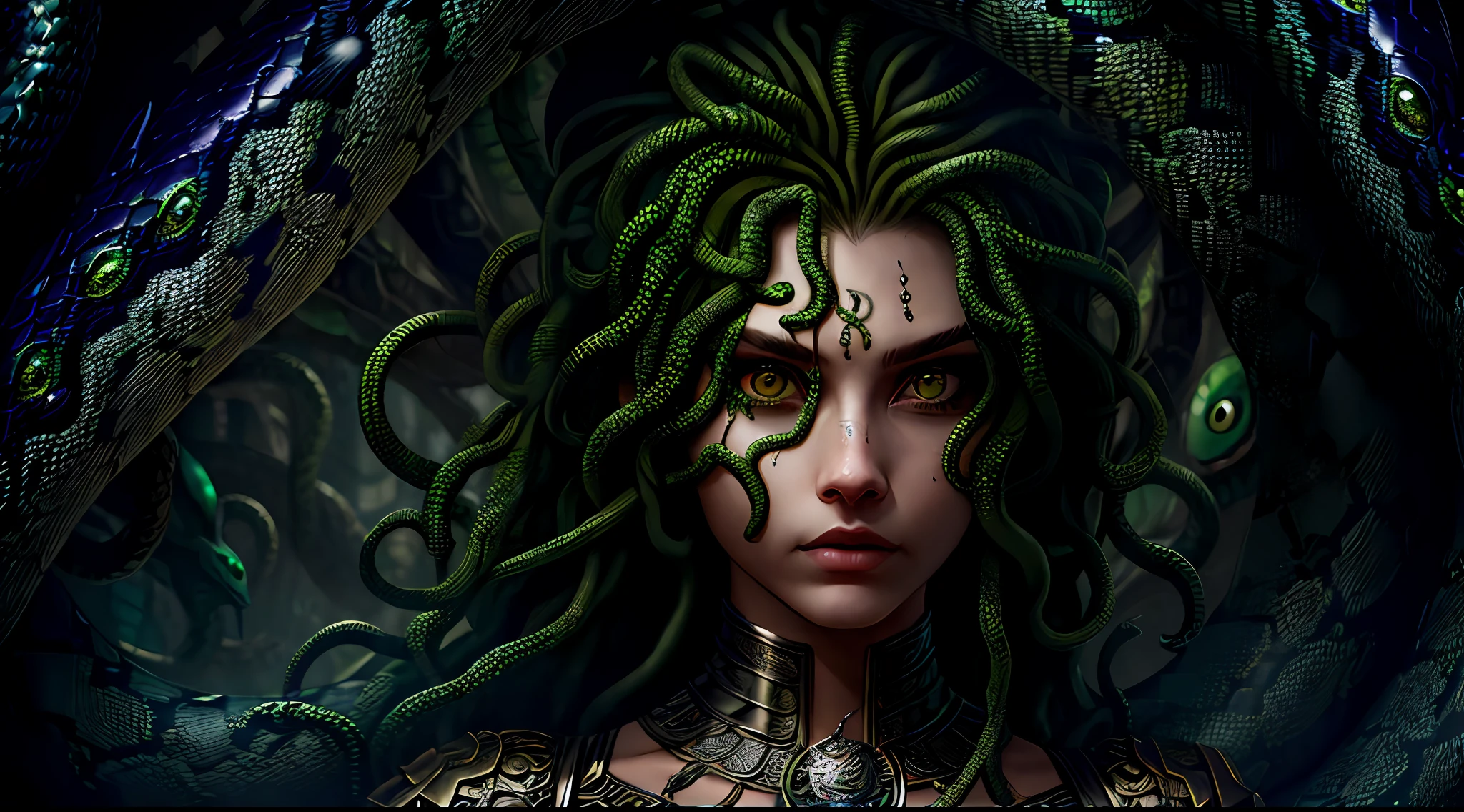 ((best quality)), ((realistic)), Medusa, upper body, hair is made up of countless snakes, green eyes, female face, metal underwear, trending on artstation, clear focus, studio shot , intricate detail, highly detailed, detailed eye, illustration, highly detailed, sharp focus, digital render, professional, 4k