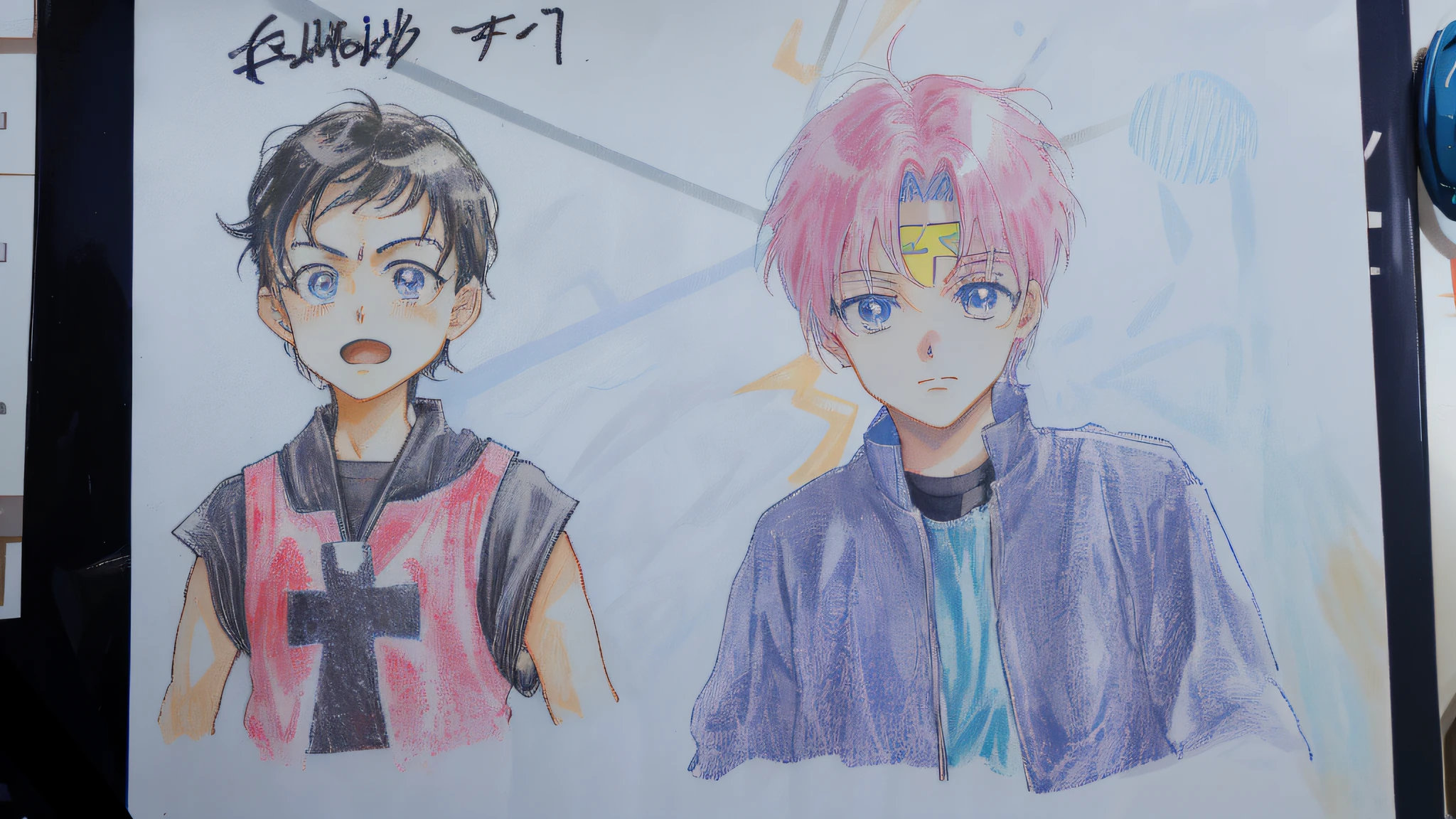 drawing of two anime characters, black color cross symbols on shirts, -teeetermined expression, yoyo hakushu anime style, anime 90 style, 80s anime art style, 1980s anime style, 80s anime style, fantasy style anime, by Ayako Rokkaku, high quality fanart, Japanese anime style --auto --s2