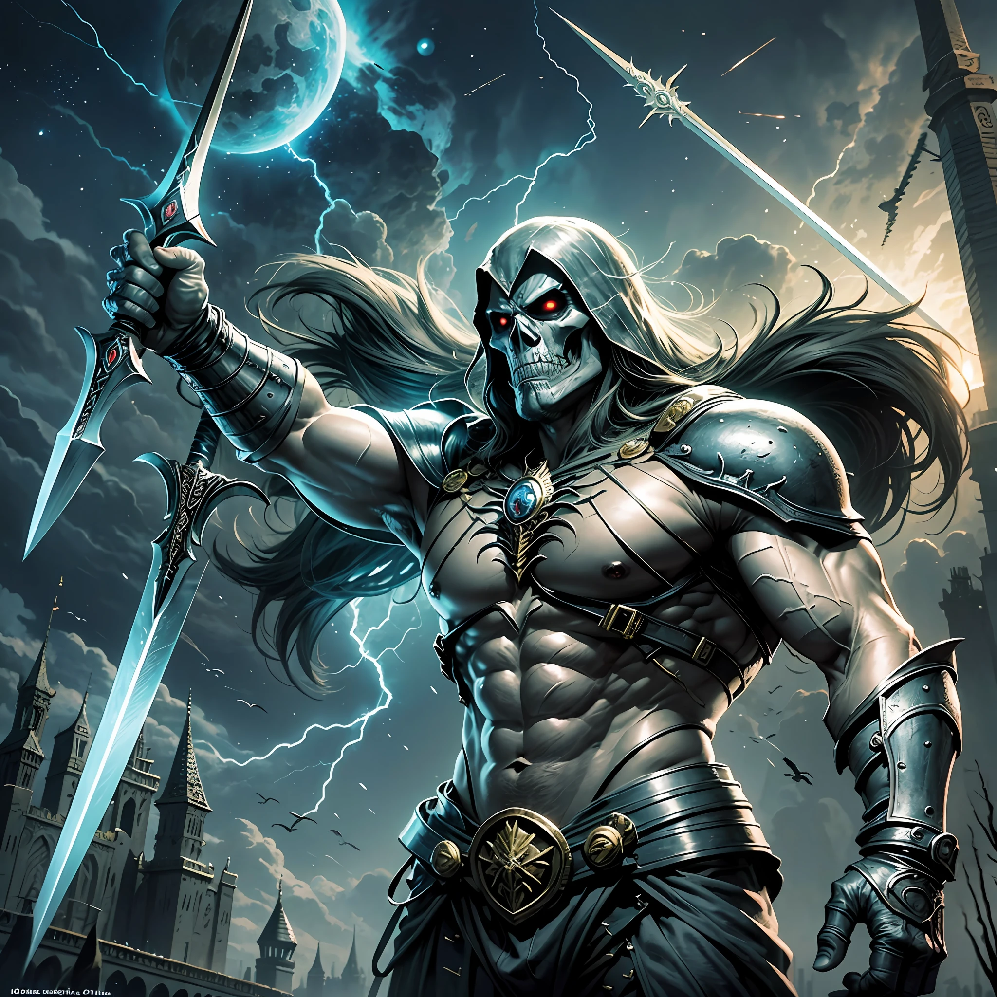 Ultra realistic, He-Man is a superhero and main protagonist of the franchise of swords and planets Masters of the Universe, 01 homeem, barbarian, raising his sword in front of the castle of Castle Grayskull, with lightning coming out of his sword, next to his mortal enemy the skeleton, Skeletor is the evil master of Eternia, with a look of mortal fury holding his evil trident. In ultra realistic quality, 4k