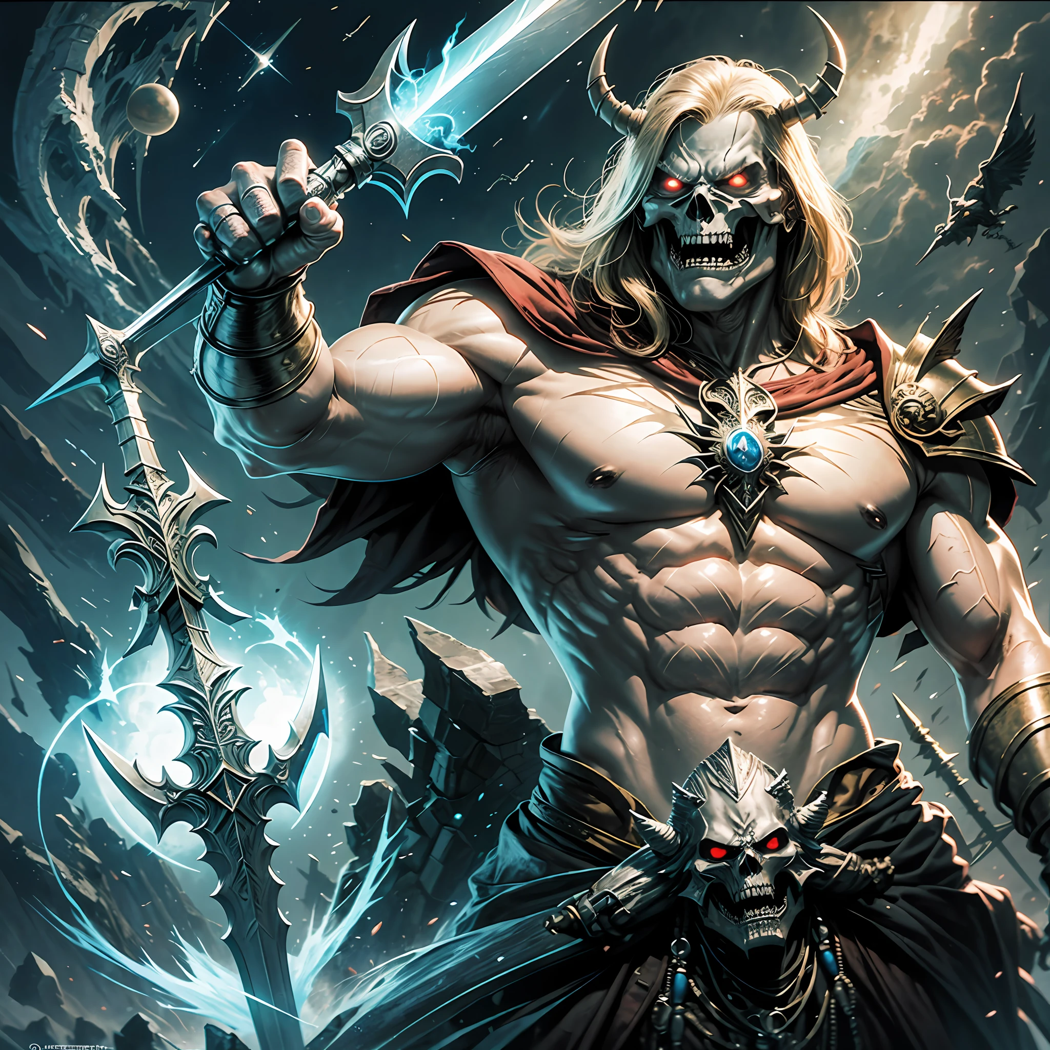 Ultra realistic, He-Man is a superhero and main protagonist of the franchise of swords and planets Masters of the Universe, 01 homeem, barbarian, raising his sword in front of the castle of Castle Grayskull, with lightning coming out of his sword, next to his mortal enemy the skeleton, Skeletor is the evil master of Eternia, with a look of mortal fury holding his evil trident. In ultra realistic quality, 4k
