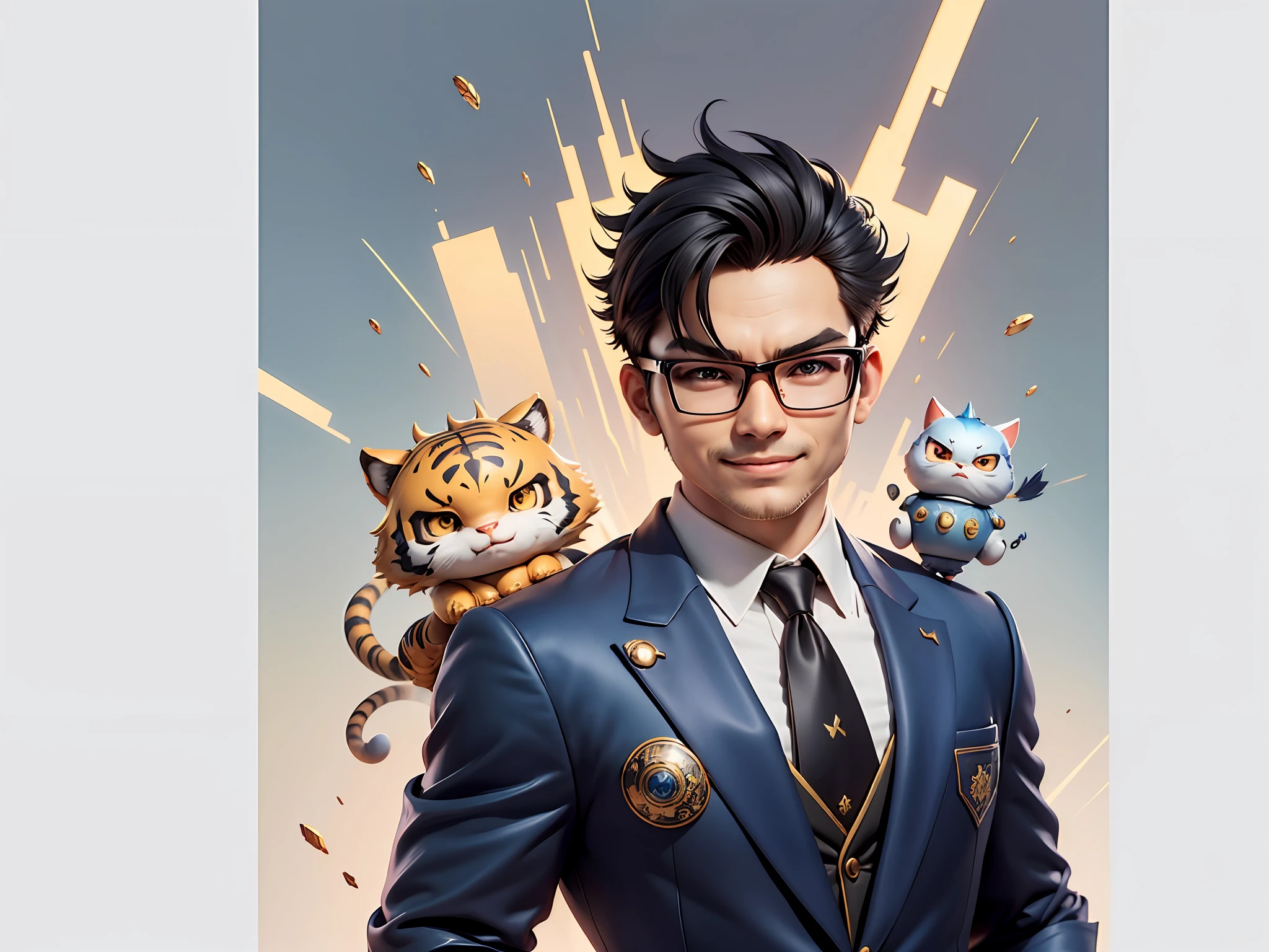 (Masterpiece), (Extreme Quality), (Super Meticulous), (Full Body: 1.2), Super Young Man, Chinese Dragon, Tiger, Wind God Thor, Sexy, Bursting, Oriental Face, TV Anchor, Bust Portrait Illustration, Black Formal Suit, Blue Tie, Slightly Chubby Face, Silver Glasses, Very Clean Face, No Beard on Chin, Black Super Short Hair, Black Eyes, Confident Smile, 3c Computer Sub-Products, iPad, iPhone, Digital Painting, 3D Character Design by Mark Claireden and Pixar and Hayao Miyazaki and Akira Toriyama, The illustration is a high-definition illustration in 4K resolution with very detailed facial features and cartoon-style visuals.