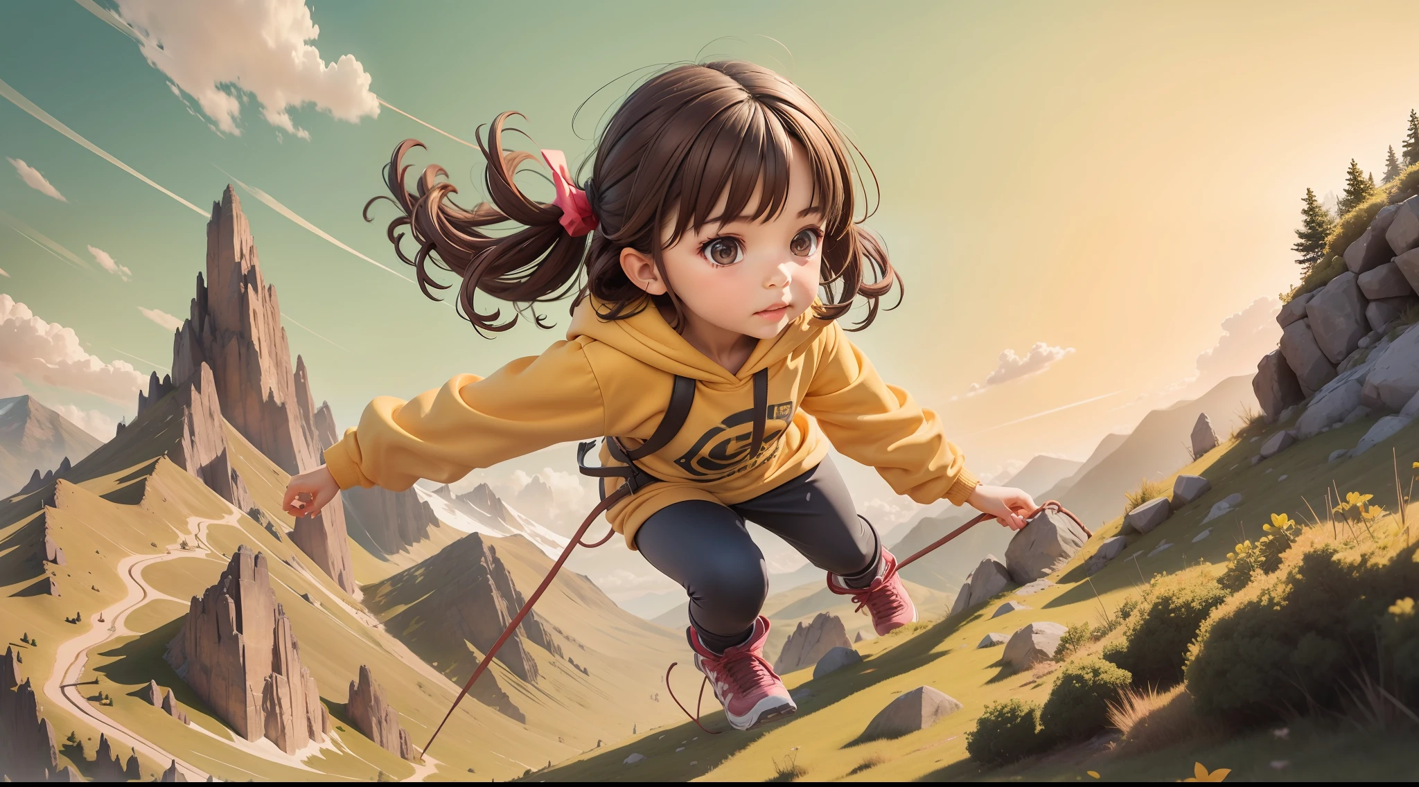 7--old l in yellow sweatshirt, dark brown hair, climbing a mountain with a rope