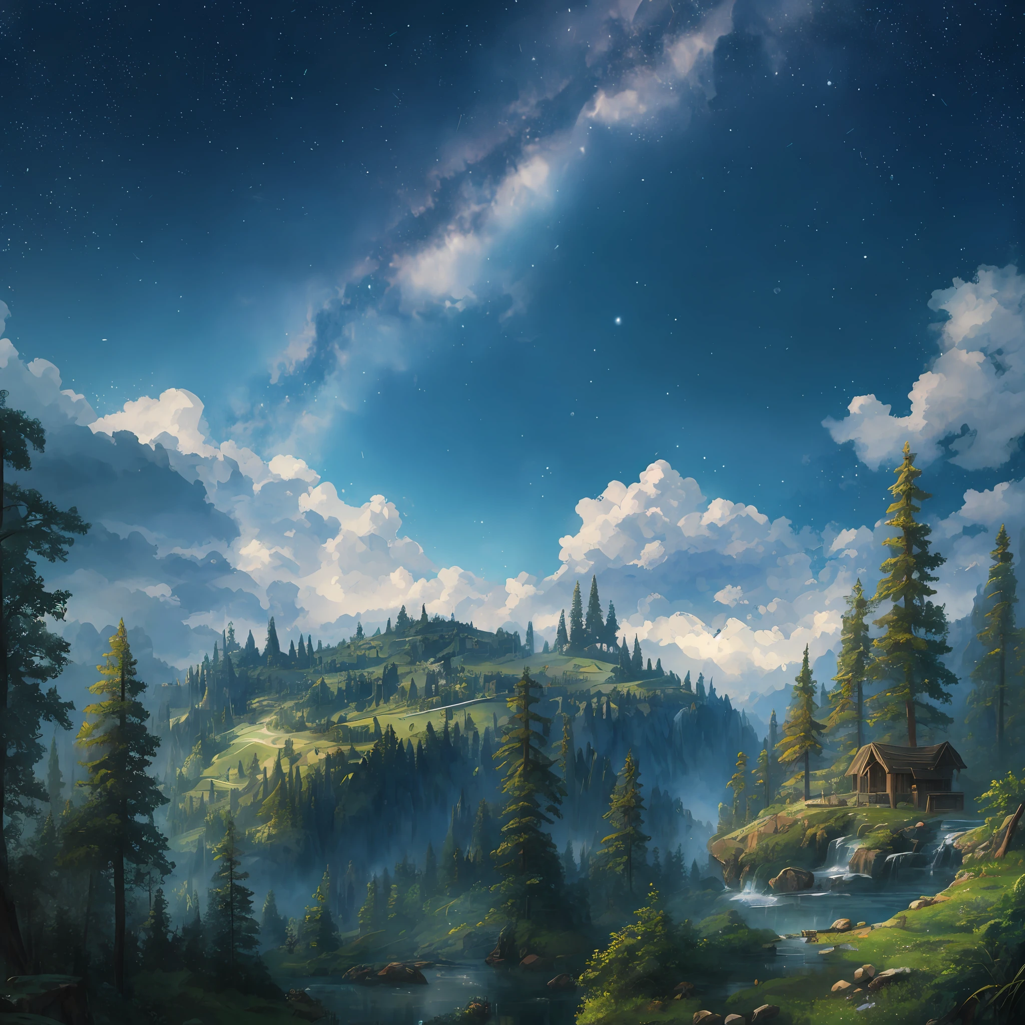 Masterpiece, best quality, high quality, extremely detailed CG 8k unit wallpaper, landscape,entrance to a forest sky,cloud,landscape, water, tree, guards,stars, nature, starry sky, award-winning photography, bokeh, depth of field, HDR, bloom, chromatic aberration, photorealism, very detailed, trend in artstation, trend in CGsociety, intricate, high detail, dramatic, art in the middle of the journey --auto --s2