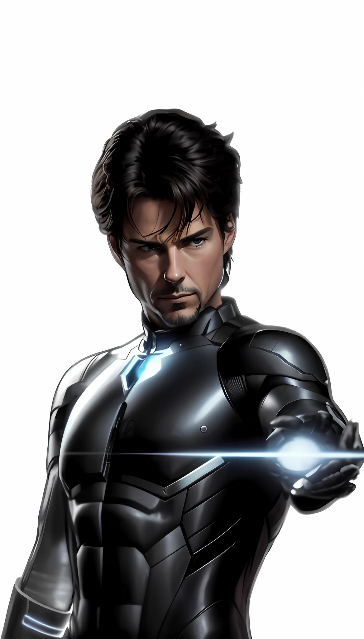 A closeup of a twenty-one-year-old in a black wetsuit with a sword, Cyborg Male, Paul Atreides, Tom Cruise as Kenshiro, Android male, Tom Cruise as Tony Stark, Jacen Solo, profile picture, Android James, male cyborg, sharp and elegant black armor, Tom Cruise as Iron Man, Gantz, no text, concept art by Tony Stark --auto --s2