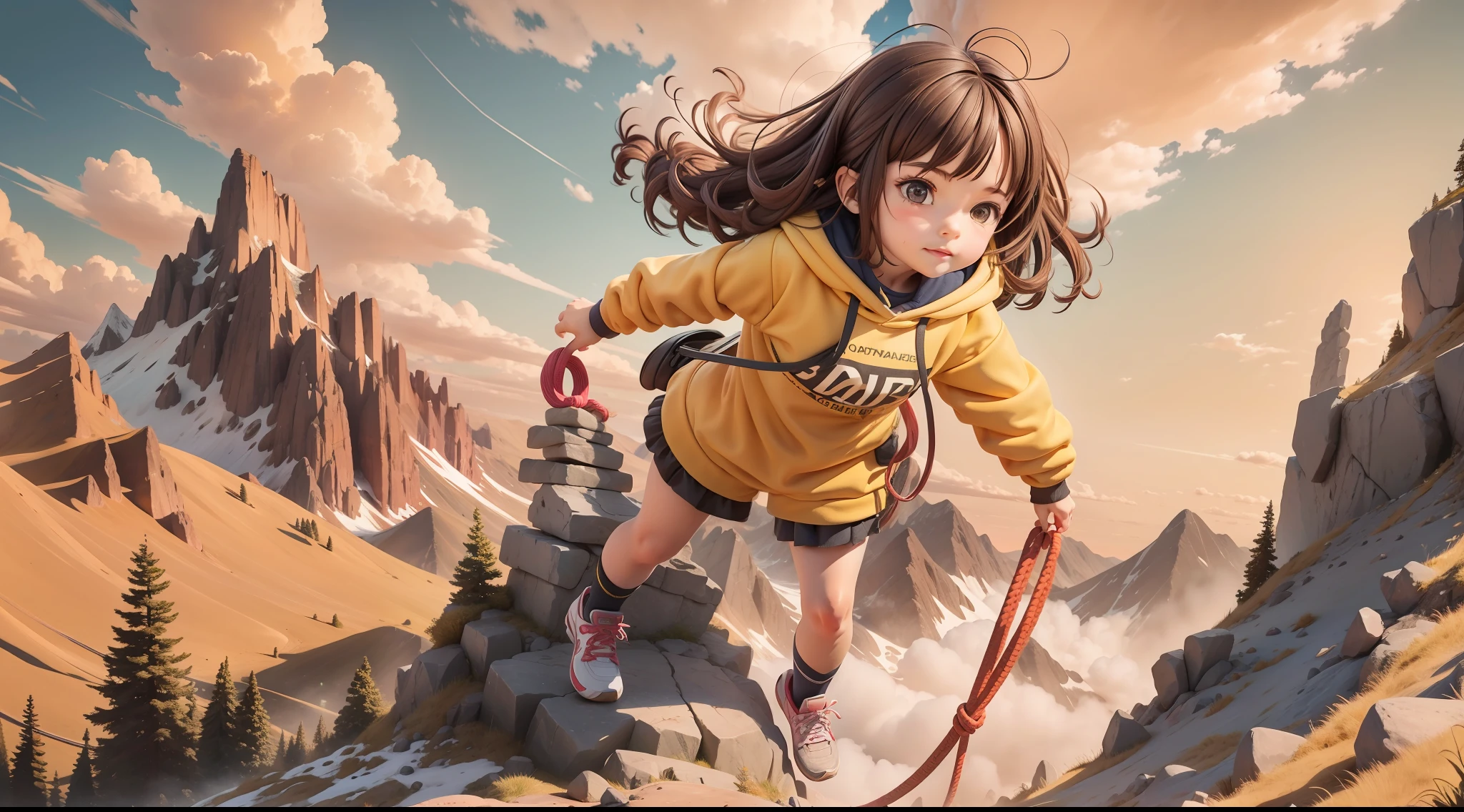 7-year-old girl in yellow sweatshirt, dark brown hair, climbing a mountain with a rope