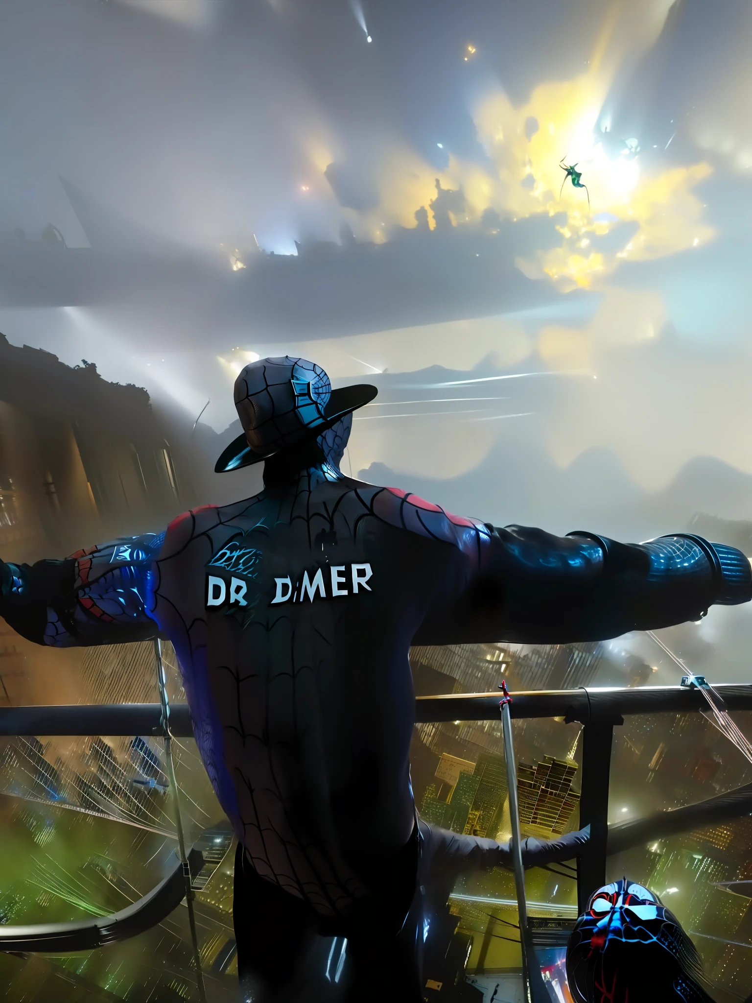 There is a man standing on a railing, arms outstretched, dramatic, inspired by Lambert Doomer, dramatic viewpoint, dramatic masterpiece, extreme drama, dramatic atmosphere, dramatic shots, dramatic poses, dramatic angles, dramatic landscapes, high drama, dramatic standing, dramatic perspectives, lights, Dietmar Damerao, dramatic artwork, Spider-Man, spiderwebs