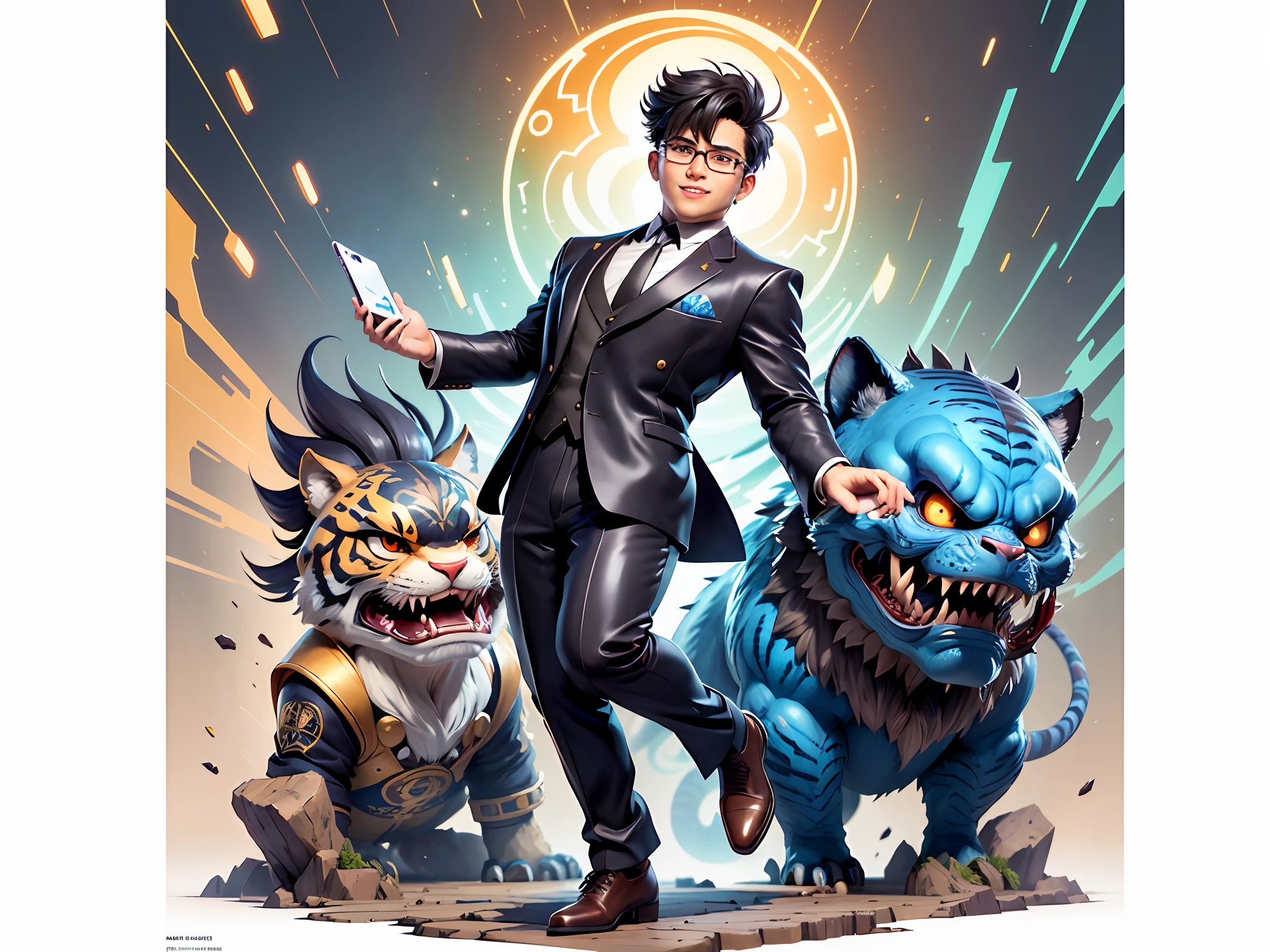 (Masterpiece), (Extreme Quality), (Super Meticulous), (Full Body: 1.2), Super Young Man, Chinese Dragon, Tiger, Wind God Thor, Sexy, Bursting, Oriental Face, TV Anchor, Bust Portrait Illustration, Black Formal Suit, Blue Tie, Slightly Chubby Face, Silver Glasses, Very Clean Face, No Beard on Chin, Black Super Short Hair, Black Eyes, Confident Smile, 3c Computer Sub-Products, iPad, iPhone, Digital Painting, 3D Character Design by Mark Claireden and Pixar and Hayao Miyazaki and Akira Toriyama, The illustration is a high-definition illustration in 4K resolution with very detailed facial features and cartoon-style visuals.