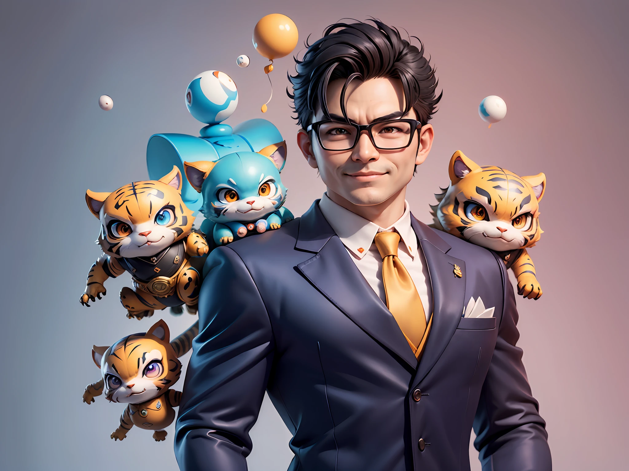 (Masterpiece), (Extreme Quality), (Super Meticulous), (Full Body: 1.2), Super Young Man, Chinese Dragon, Tiger, Wind God Thor, Sexy, Bursting, Oriental Face, TV Anchor, Bust Portrait Illustration, Black Formal Suit, Blue Tie, Slightly Chubby Face, Silver Glasses, Very Clean Face, No Beard on Chin, Black Super Short Hair, Black Eyes, Confident Smile, 3c Computer Sub-Products, iPad, iPhone, Digital Painting, 3D Character Design by Mark Claireden and Pixar and Hayao Miyazaki and Akira Toriyama, The illustration is a high-definition illustration in 4K resolution with very detailed facial features and cartoon-style visuals.