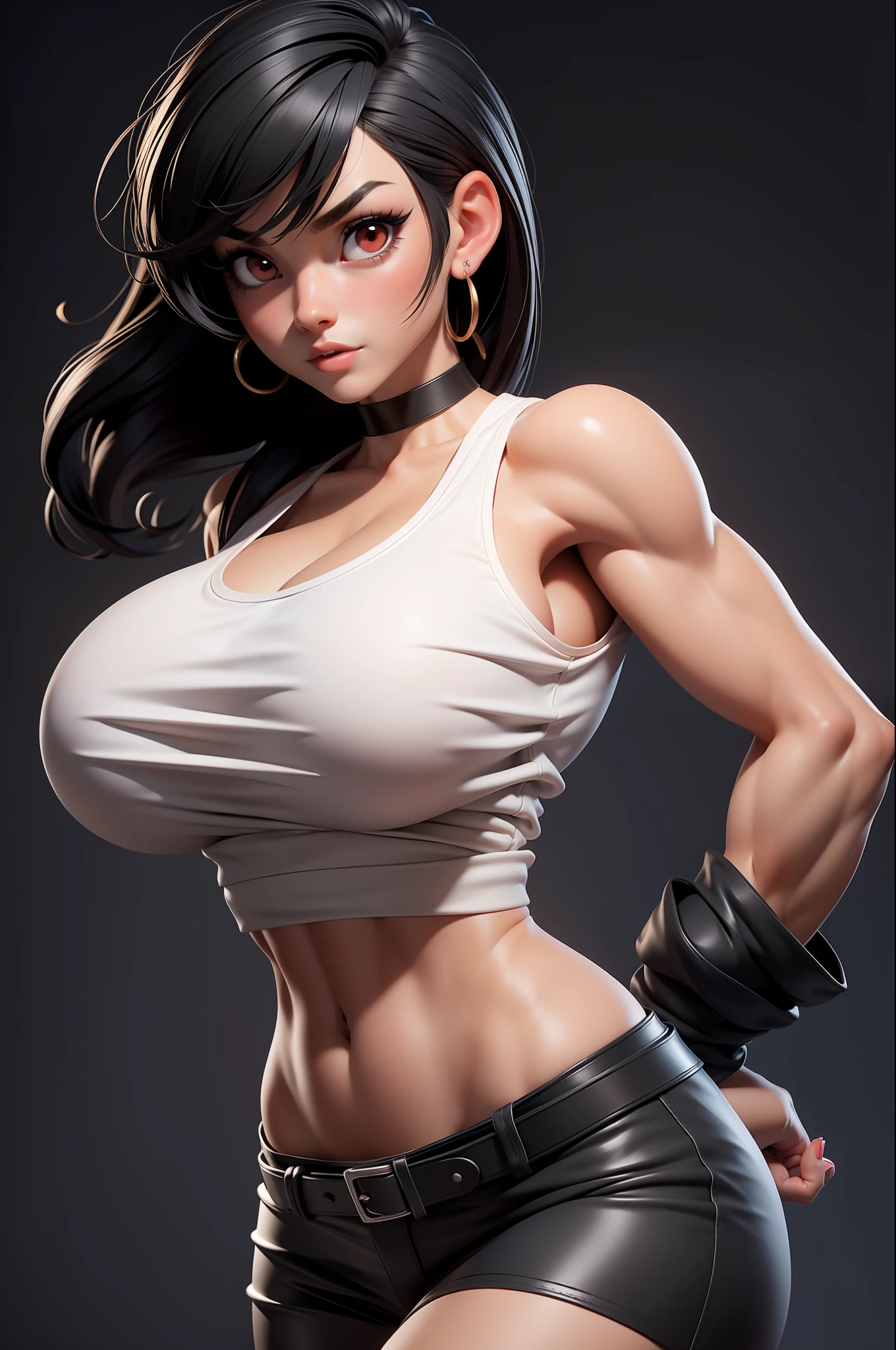 masterpiece, best quality,3d rending work ,3DMM style,close-up, 3D,1girl, solo, black hair, teardropshaped earrings, looking to the side, realistic, upper body, simple background, bangs, looking away, long straight black hair, parted lips, choker, makeup, mole, (white tank top:1.3), red eyes, tifa lockhart, (huge breasts:1.5) cleavage, exposed stomach, toned abs, toned arms, black miniskirt