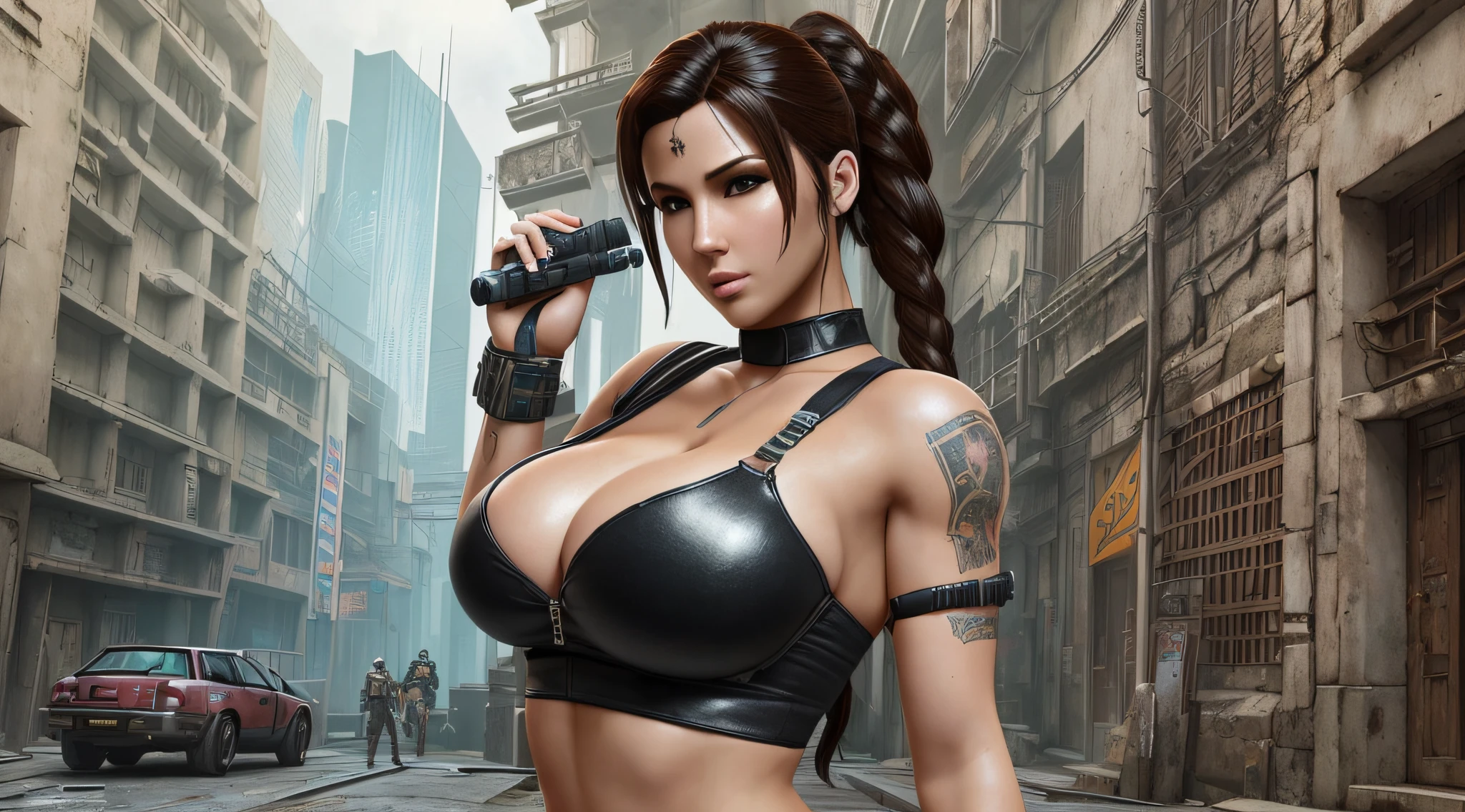 ((Best quality)), ((masterpiece)), (detailed: 1.4), 3D, cyberpunk, a beautiful woman big breasts, body set using tomb raider cosplay --auto --s2