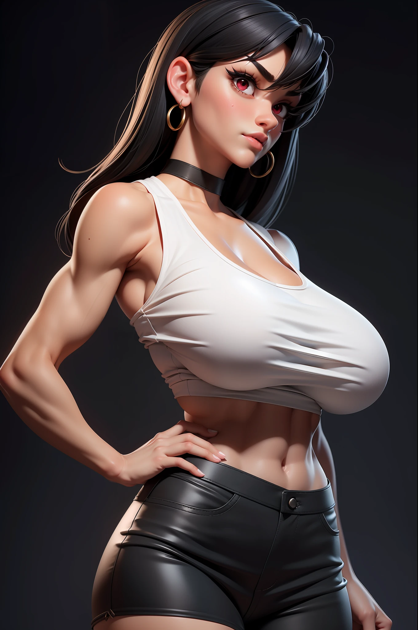 masterpiece, best quality,3d rending work ,3DMM style,close-up, 3D,1girl, solo, black hair, teardropshaped earrings, looking to the side, realistic, upper body, simple background, bangs, looking away, long straight black hair, parted lips, choker, makeup, mole, (white tank top:1.3), red eyes, tifa lockhart, (huge breasts:1.5) cleavage, exposed stomach, toned abs, toned arms, black miniskirt