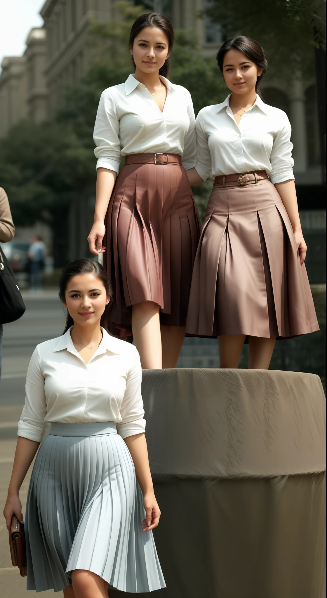 35mm f1.4 Kodak portra 400 group photograph, extremely high quality RAW group photograph, (1959 lesbian:1,7 long skirt teachers conference:1,4), (shy) authentic (kind and tender) lesbian women wearing short blazers with a very very detailed (long (fully pleated) full circle skirts) and (simple) low heeled office shoes, very very intricate hyper-detailed symmetric (attractive graceful young feminine faces) with (sad, tired) eyes and a (flirty smiles:1.3), full of empathy and compassion and love, (pronounced feminine features:1,3), big boobs, large breasts, (highly detailed ultra accurate realistic:1,1) hands and fingers, ((windy conditions and wind blowing)), epic composition, highly detailed attributes, highly detailed atmosphere, detailed background, intricate, Exquisite details and textures, highly detailed