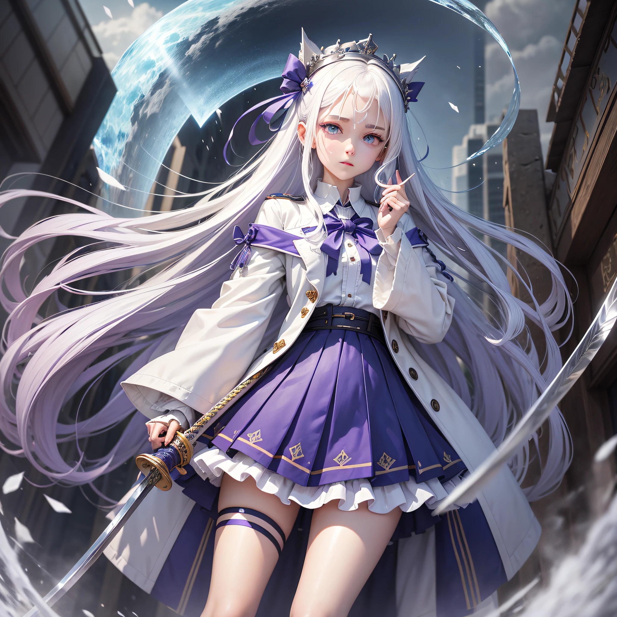 White hair, 16 years old, blue-purple pupils of left eye, blue-red pupils of right eye, loli height, knee-length socks, high heels, three-five expression, katana, white trench coat, blue hairpin, girl, blue gemstone pendant, long hair and waist, ribbon-like clothing subtle decoration, exuding, behind a magic pattern disc, floating like an angel above the head of the ice crown, surrounded by cold air and fine ice crystals --auto --s2