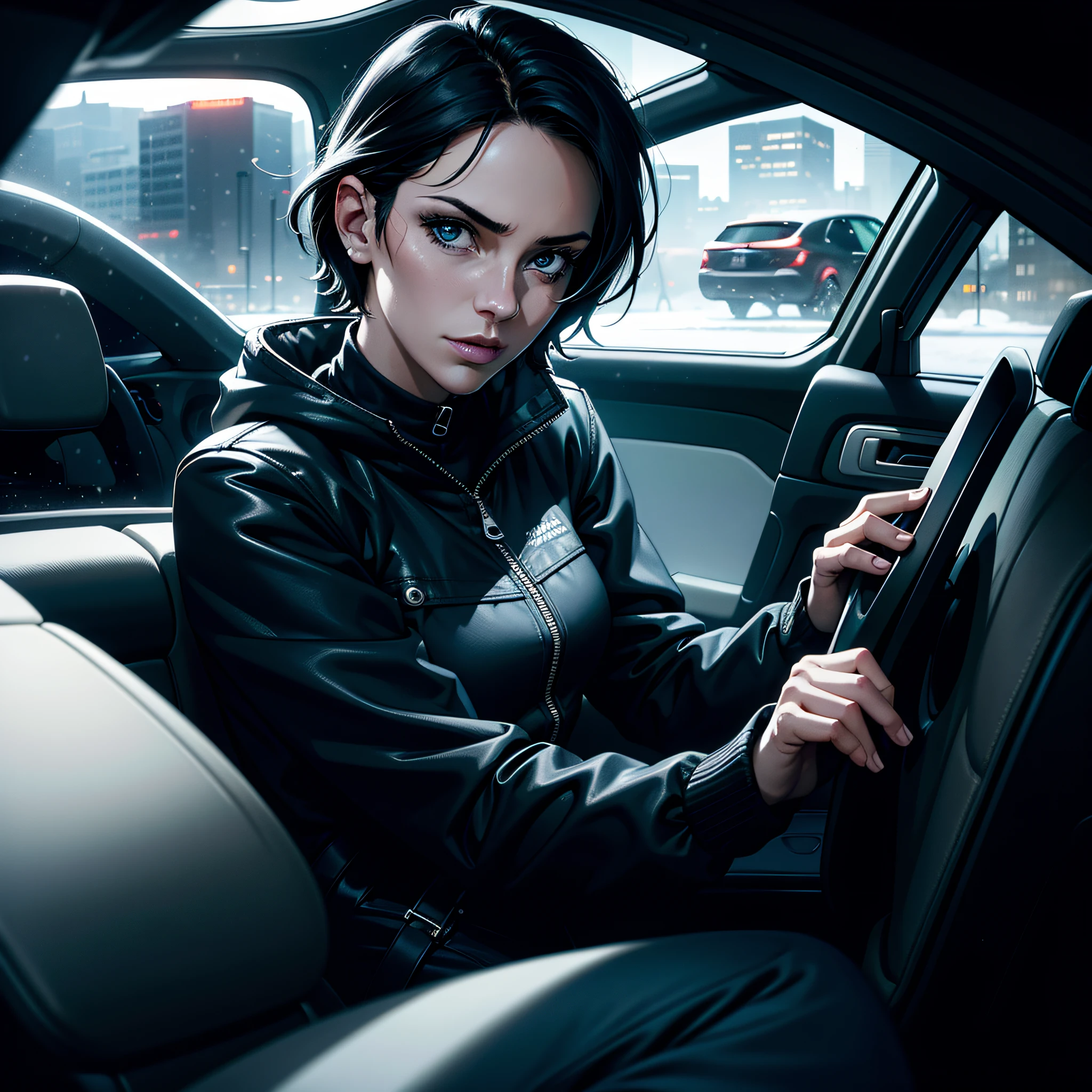 (((vector))), (Comics style), realistic, photorealistic, cinematic, cinematic lights, dark colors, volumetric lights, reflections, dramatic, ultra detailed, modern, ((masterpiece)), close-up on face, background embassado, faint colors, beautiful, sexy woman, solo, blue eyes, short hair, black hair chanel, hair in the wind, light age marks, slim body fitness, (((inside the car))), (((passenger side))), ((eyes open)), winter jacket, jeans, sad, nobody, sad, dark city, snowing, city with snow, few lights, fog, cold, tense, cold gloves, looking at screen, sexy, beautiful, snow on the body, puddles of water, relfexos, close-up on the face, detailed face.