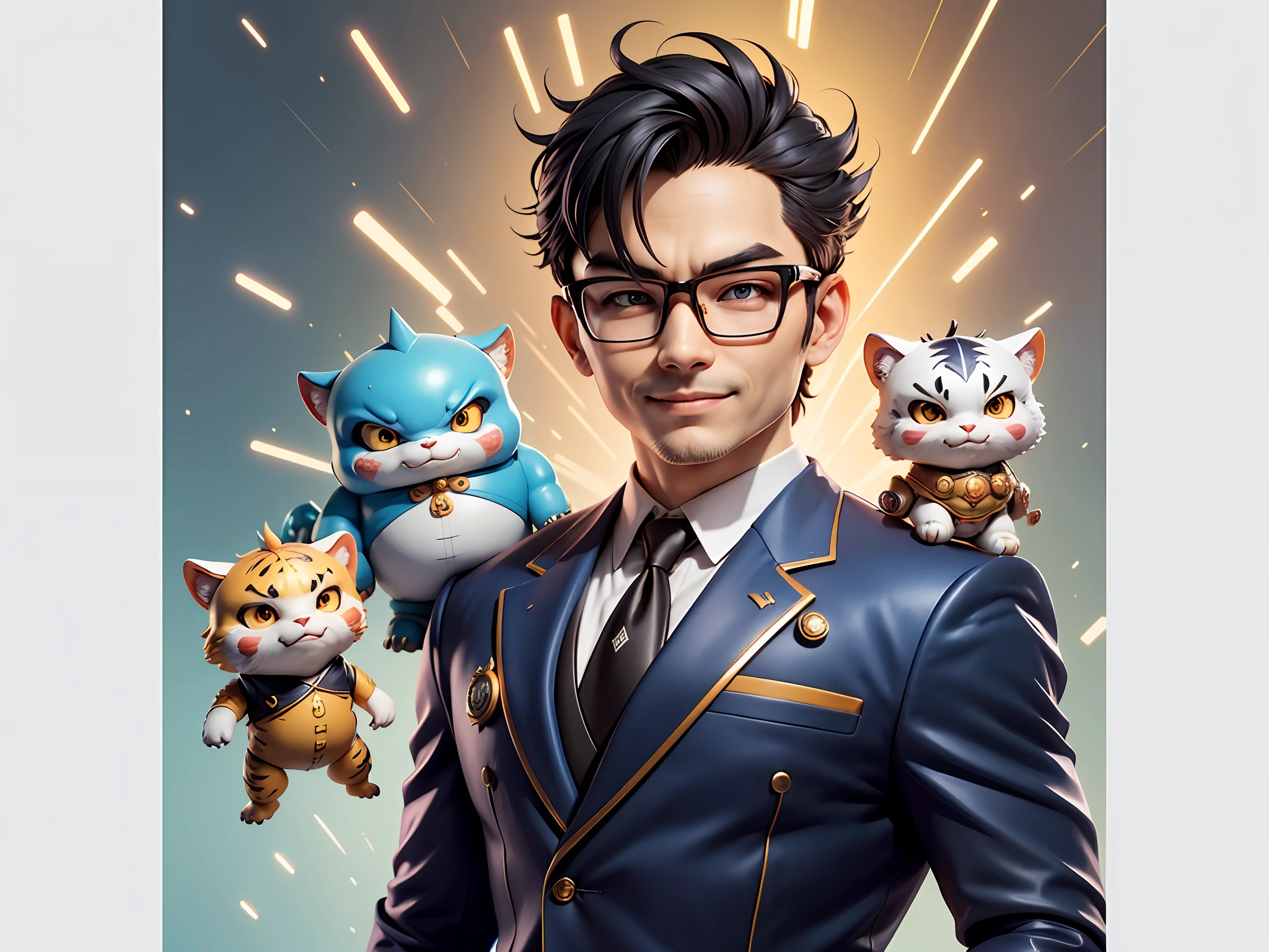 (Masterpiece), (Extreme Quality), (Super Meticulous), (Full Body: 1.2), Super Young Man, Chinese Dragon, Tiger, Wind God Thor, Sexy, Bursting, Oriental Face, TV Anchor, Bust Portrait Illustration, Black Formal Suit, Blue Tie, Slightly Chubby Face, Silver Glasses, Very Clean Face, No Beard on Chin, Black Super Short Hair, Black Eyes, Confident Smile, 3c Computer Sub-Products, iPad, iPhone, Digital Painting, 3D Character Design by Mark Claireden and Pixar and Hayao Miyazaki and Akira Toriyama, The illustration is a high-definition illustration in 4K resolution with very detailed facial features and cartoon-style visuals.