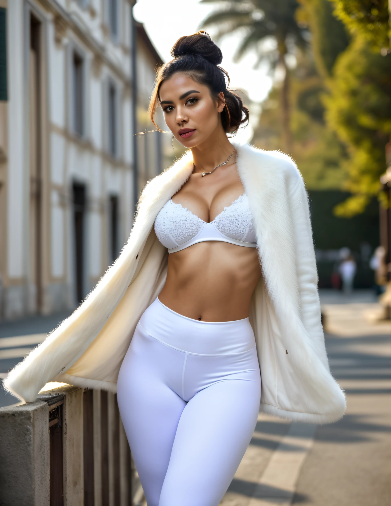 full body photo of beautiful (wowval:0.99), a woman as a movie star, hair updo, woman, strong jawline, big breast, slutty face, thin waist, hourglass body,fat lips (wearing all white leggings, fur coat, high heels) , (masterpiece:1.2) (photorealistic:1.2) (bokeh) (best quality) (detailed skin:1.2) (intricate details) (daylight sun rays) (8k) (HDR) (cinematic lighting) (sharp focus), (looking at the camera:1.1),(Background is italy mansion)