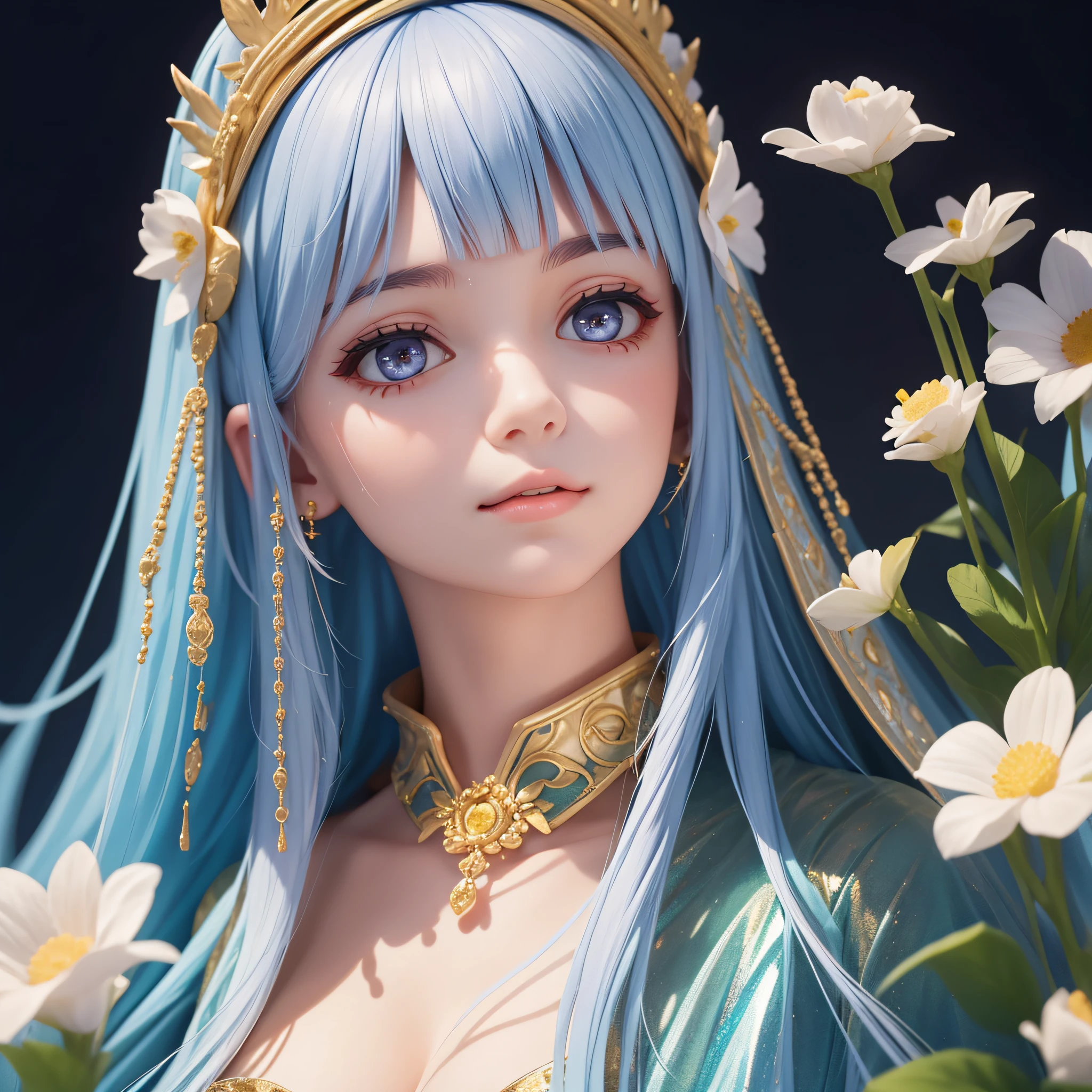 ((portrait, woman, young, beautiful), [mountain-night: 1.2, mysterious night: 1.1],[ghost-moon-shade: 1.3, iridescent: 1.2], flowers)