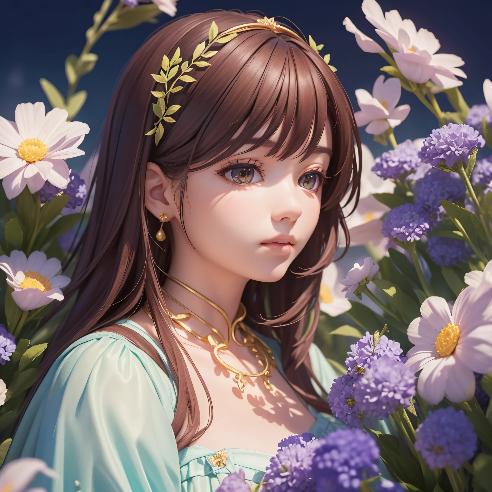 ((portrait, woman, young, beautiful), [mountain-night: 1.2, mysterious night: 1.1],[ghost-moon-shade: 1.3, iridescent: 1.2], flowers)