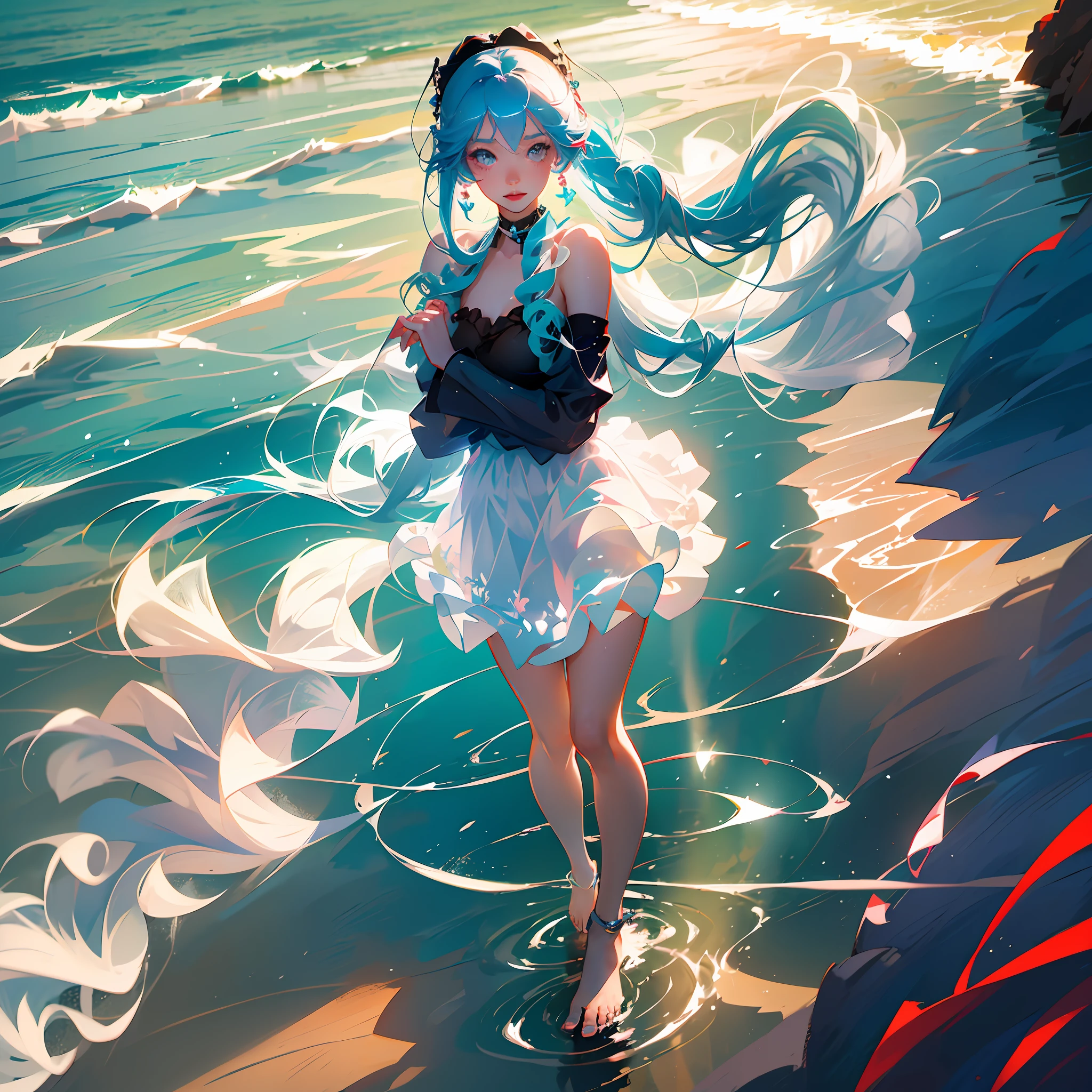 Hatsune miku, anime girl 2D, white dress with blue details, black choker, blue hair, red lips, bright eyes, black tights, walking on the beach, hair waving in the wind, dress waving in the wind, bare feet, beautiful smile --auto --s2