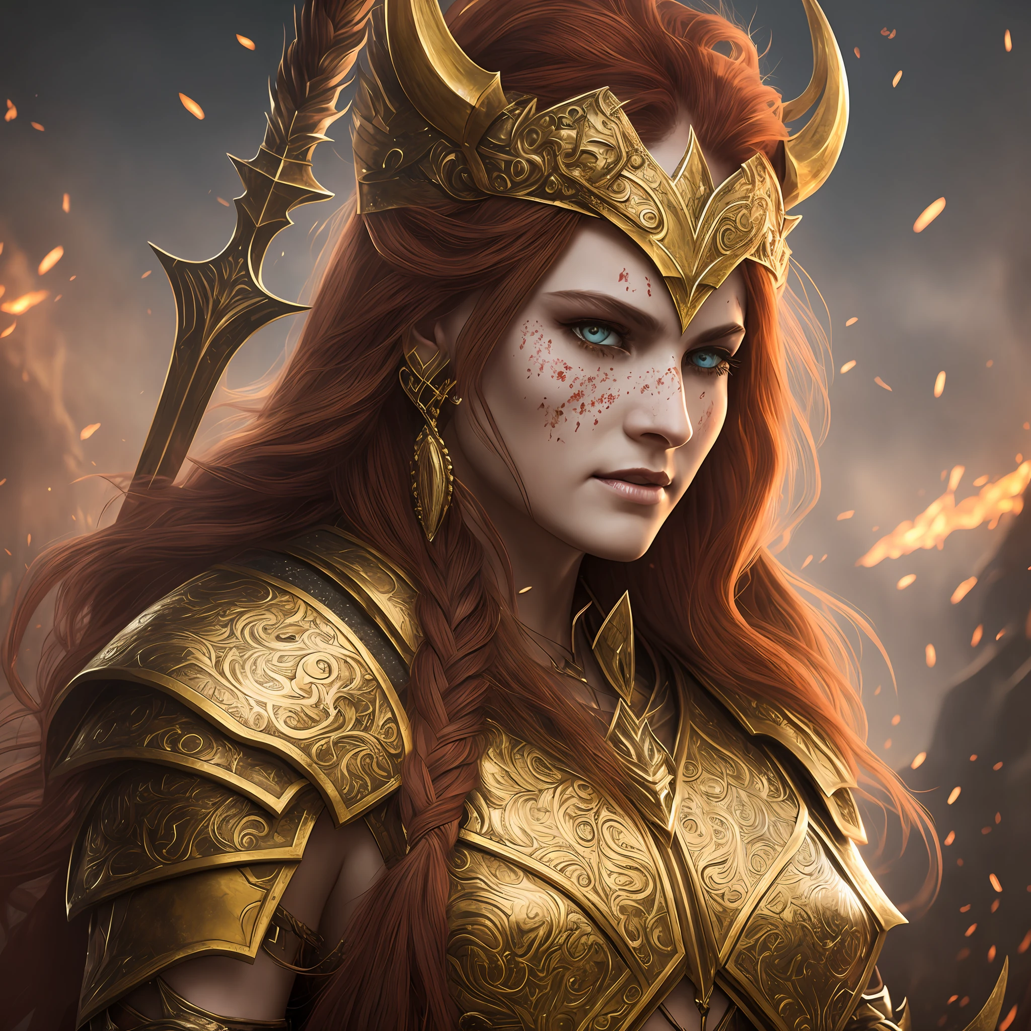 Golden armor, potrait berserker, barbarian woman, fantasy art, from her gaze alone enemies starting to panic, a head, devilish smile, beast of hell, demon, sky of white fire, warrior, with sickle and shield, beautiful, Werelion, long red hair braided, bright golden eyes, realistic, highly detailed, Unreal Engine, 8k-upscale --auto --s2