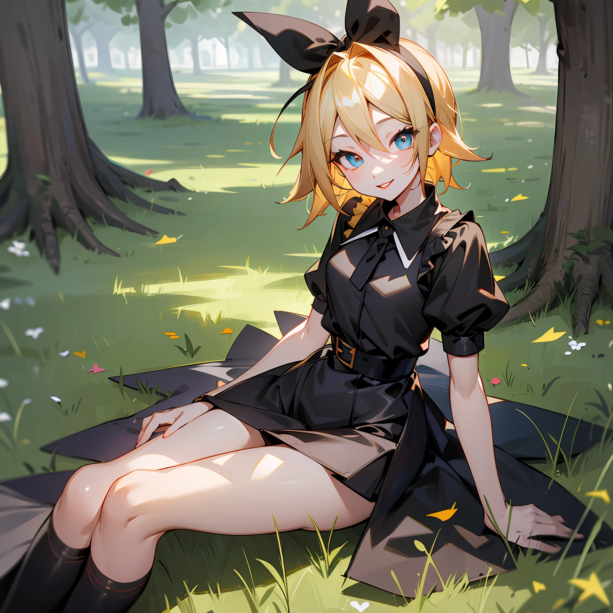 Kagamine rin, knee-length black dress, blue eye and red eye, black tights, sitting on the grass, blond hair, red lips, sweet smile --auto --s2
