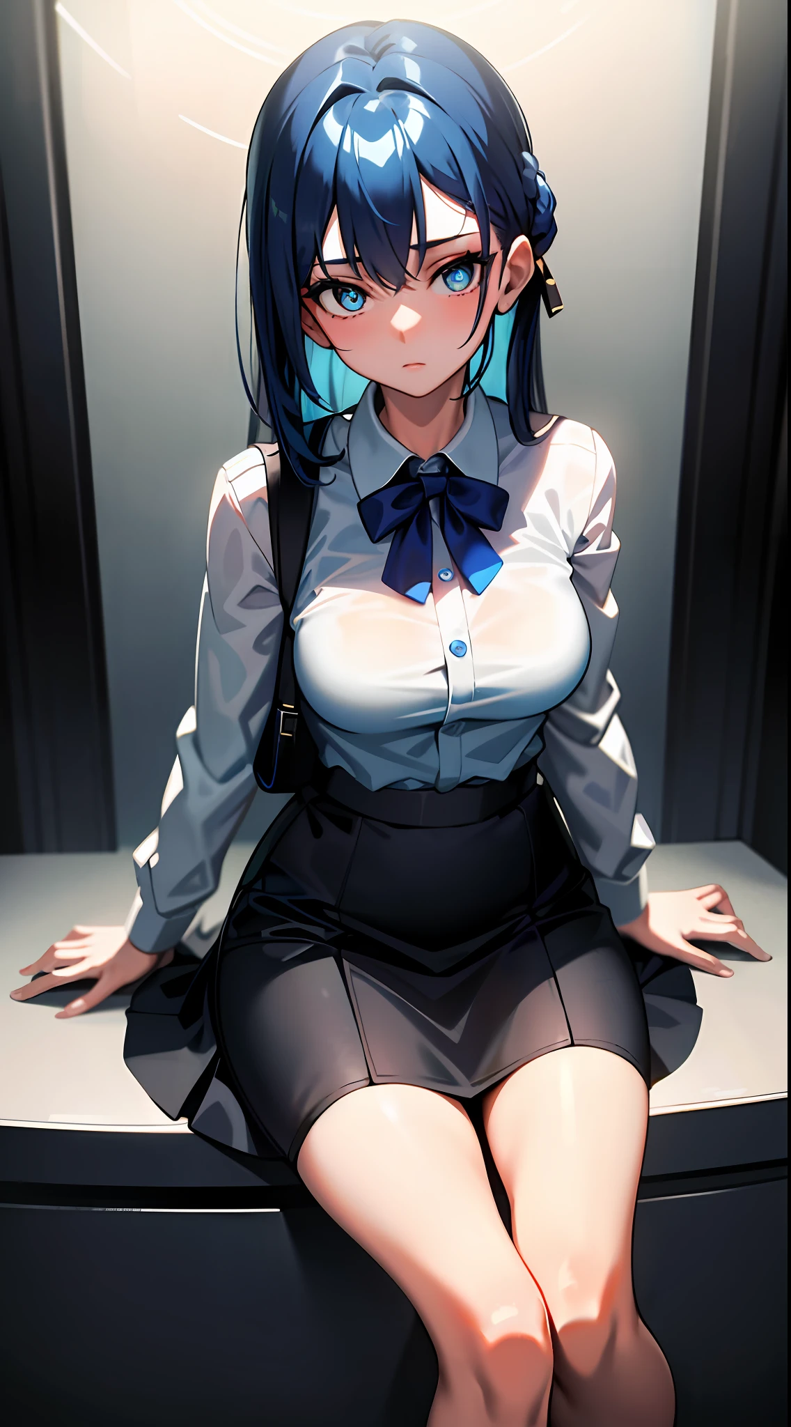 ((Masterpiece)), (Best Quality), (Detail), (1girl), Blue Hair, Blue Glowing Eyes, Upstyle, White Shirt, Black Skirt, Looking Down on the Viewer