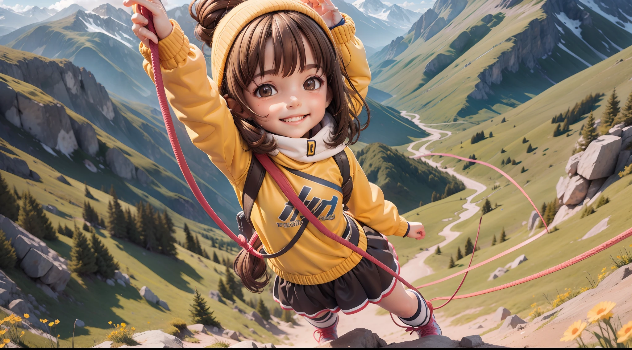 *************** in yellow sweatshirt, dark brown hair, climbing a mountain with a rope smiling