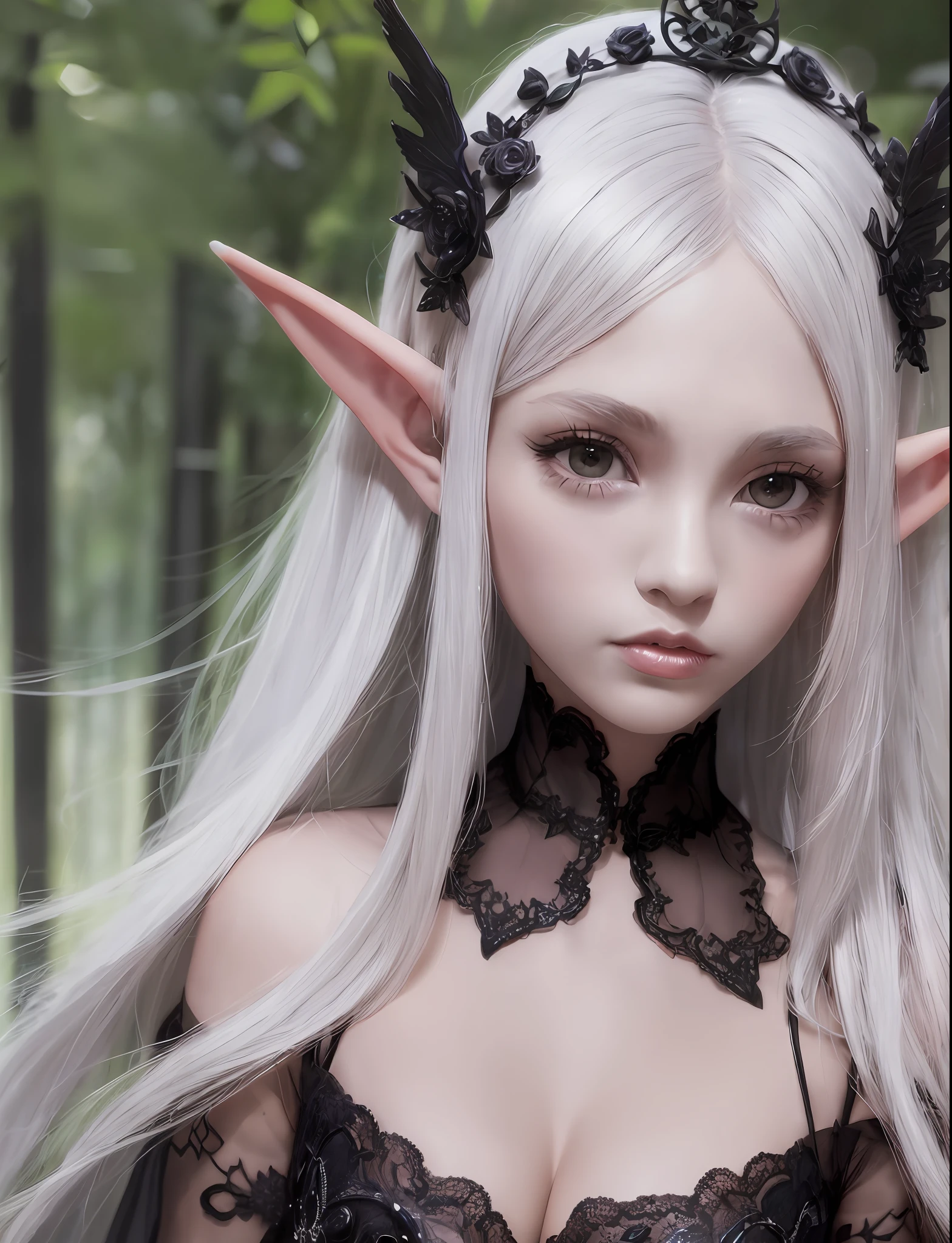 there is a woman with white makeup and elf ears posing for a photo, portrait of a goblin, a portrait of an elf, portrait of an elf queen, dark elf, very handsome elven top model, beautiful dark elf countess, dark elf maiden, very cute elf portrait, dark elf princess, female elf, fantasy portrait, dark fantasy portrait, Detailed matte fantasy portrait, medium breasts, long neckline, black tulle fabric, dark style, dark, dark forest.