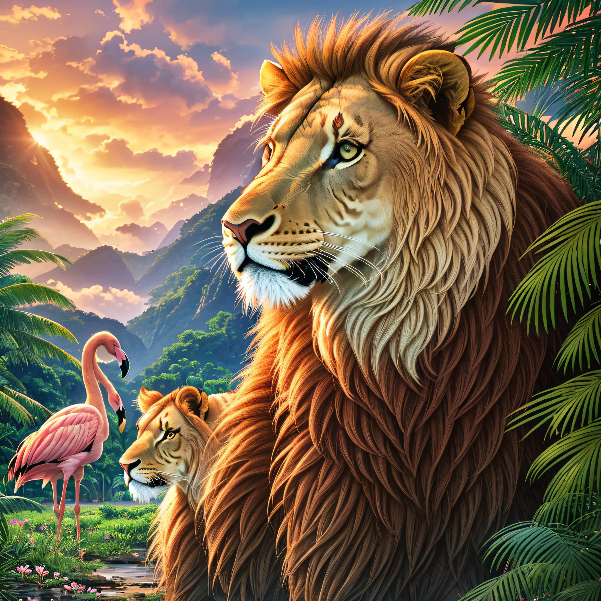 create a lion in the rainforest, gorgeous, healthy, long manes, leader, around you dancing zebras wearing Hawaiian skirts, ultra-realistic, flamingos in the background, on rainy day, sky with sunset, Nikon 2.8, blurred background, cinematic lighting, modern, thin in detail, hyper-realism, national Geographic style (8k, RAW photo, best quality, masterpiece: 1.2), (realistic, photorealistic: 1.3), original,  extremely detailed wallpaper, beautiful and delicate golden eyes, focus, insanely photorealistic, volumetric lighting --auto --s2