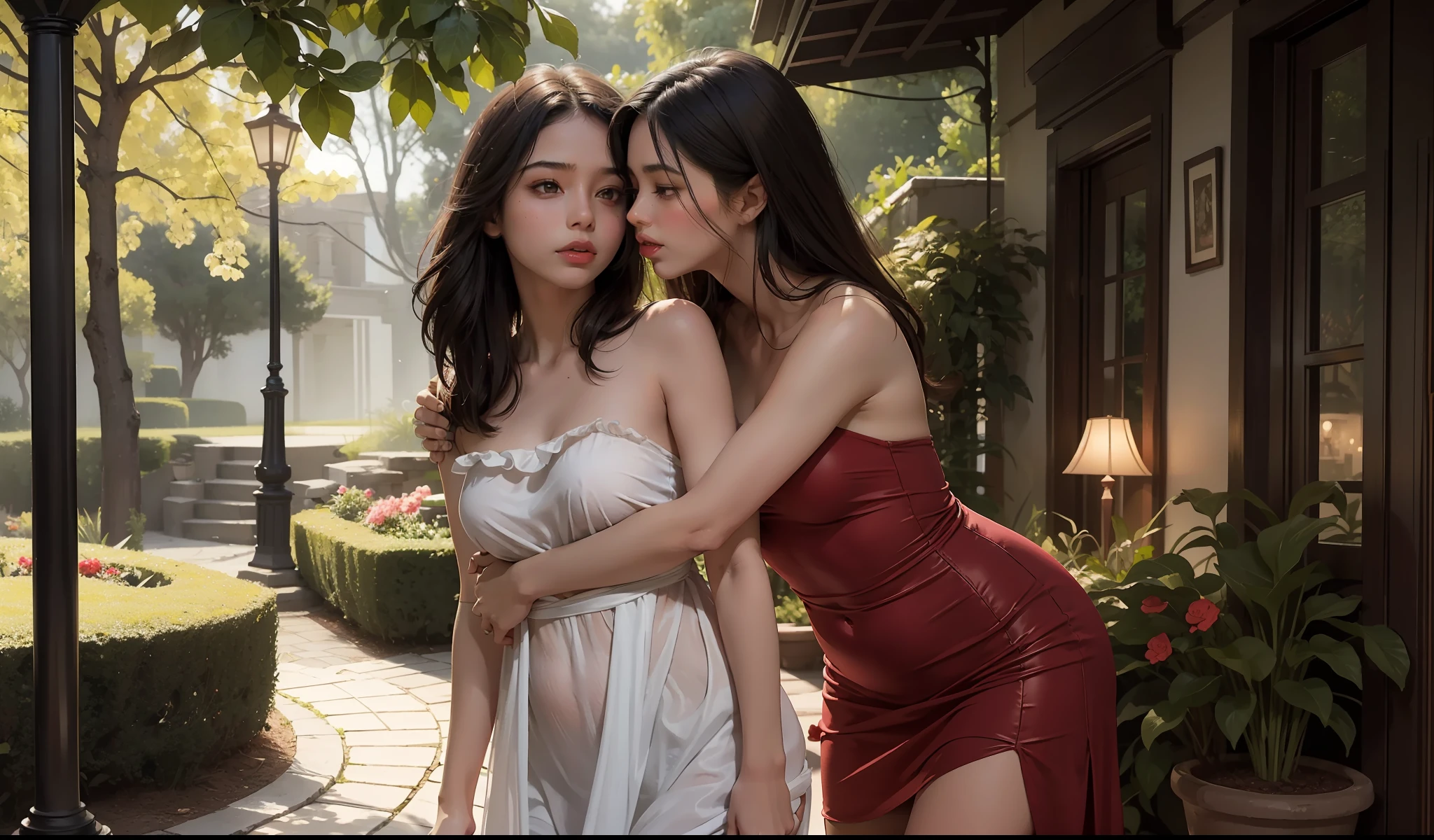 concept art, small chest, hips, look at viewer, standing in center, SEDUCTIVE, shy blush face, sexual expression, 5 Indian girls, girls, , lesbian, sexual hugging each other, pulling dresses both, lips on lips, kissing each other sexual, wearing sexy long small strapless dress, bare shoulder, chest exposed, unconcerned, NSFW, quality, contrast, dark, little chubby, in beautiful garden,