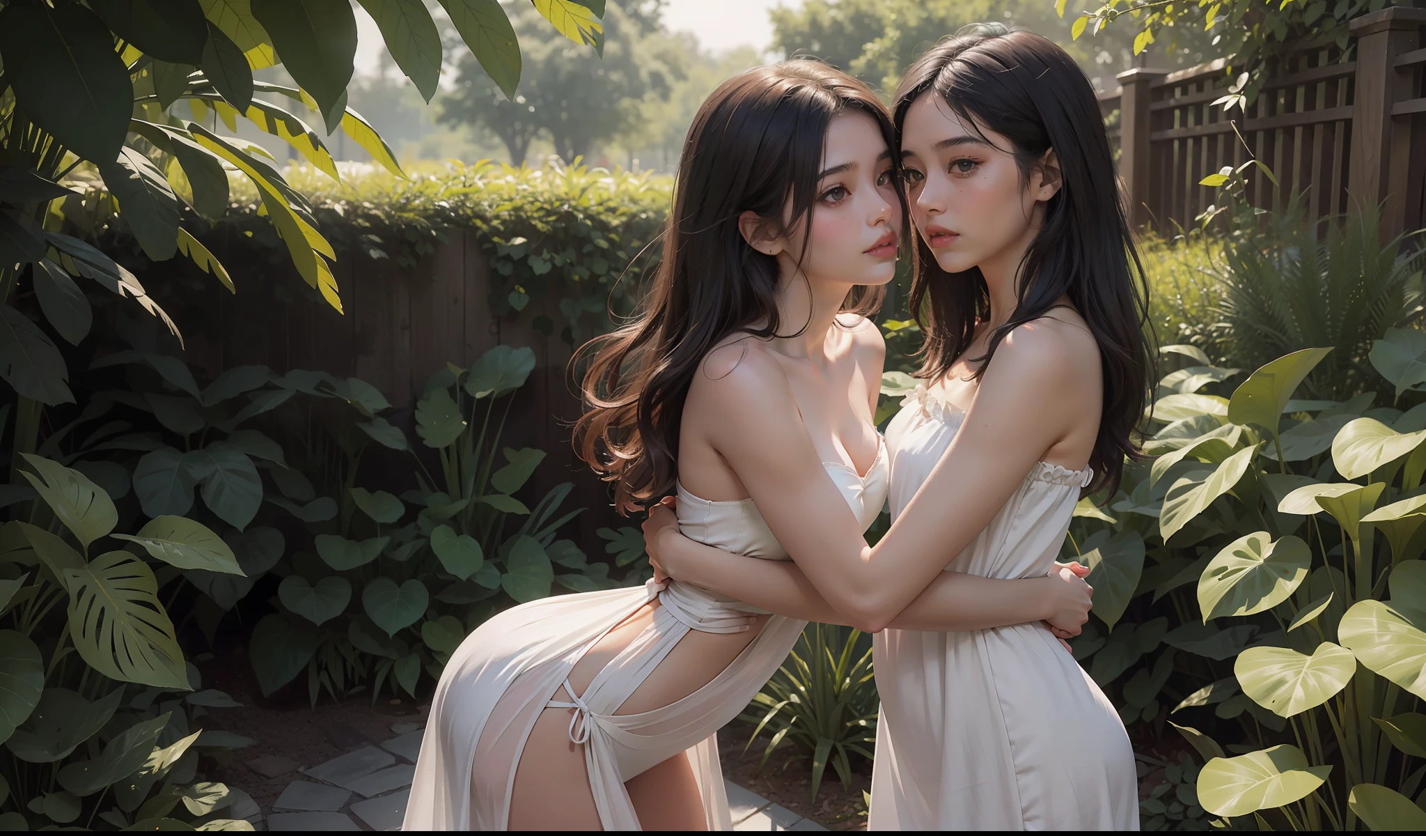 concept art, small chest, hips, look at viewer, standing in center, SEDUCTIVE, shy blush face, sexual expression, 5 Indian girls, girls, , lesbian, sexual hugging each other, pulling dresses both, lips on lips, kissing each other sexual, wearing sexy long small strapless dress, bare shoulder, chest exposed, unconcerned, NSFW, quality, contrast, dark, little chubby, in beautiful garden,