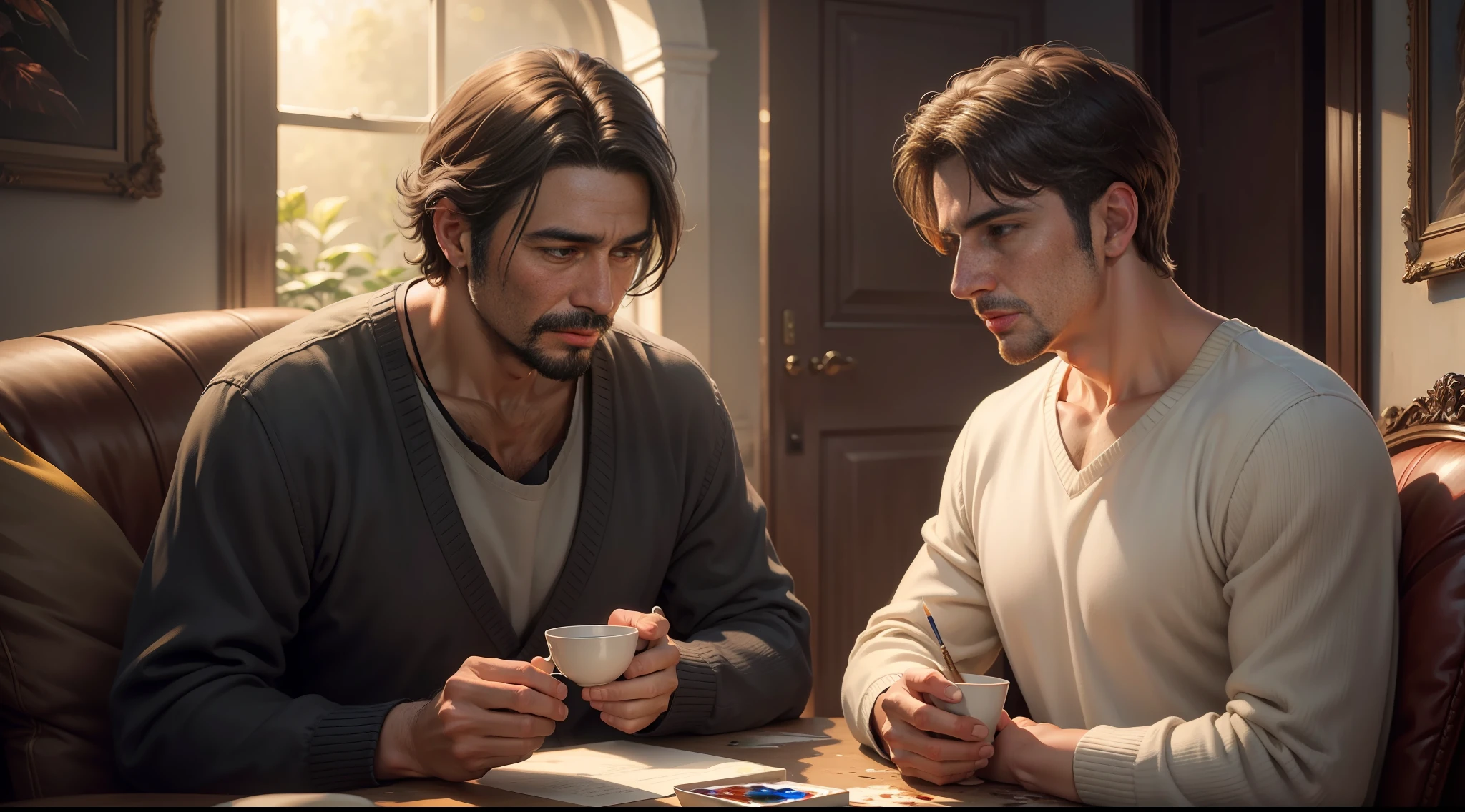 (best quality, realistic painting, masterpiece, ultra detailed), 2 men friends of 20 years talking, distinct facial expressions, ethereal details, warm lighting, blurred background, soft color filter, cozy atmosphere.