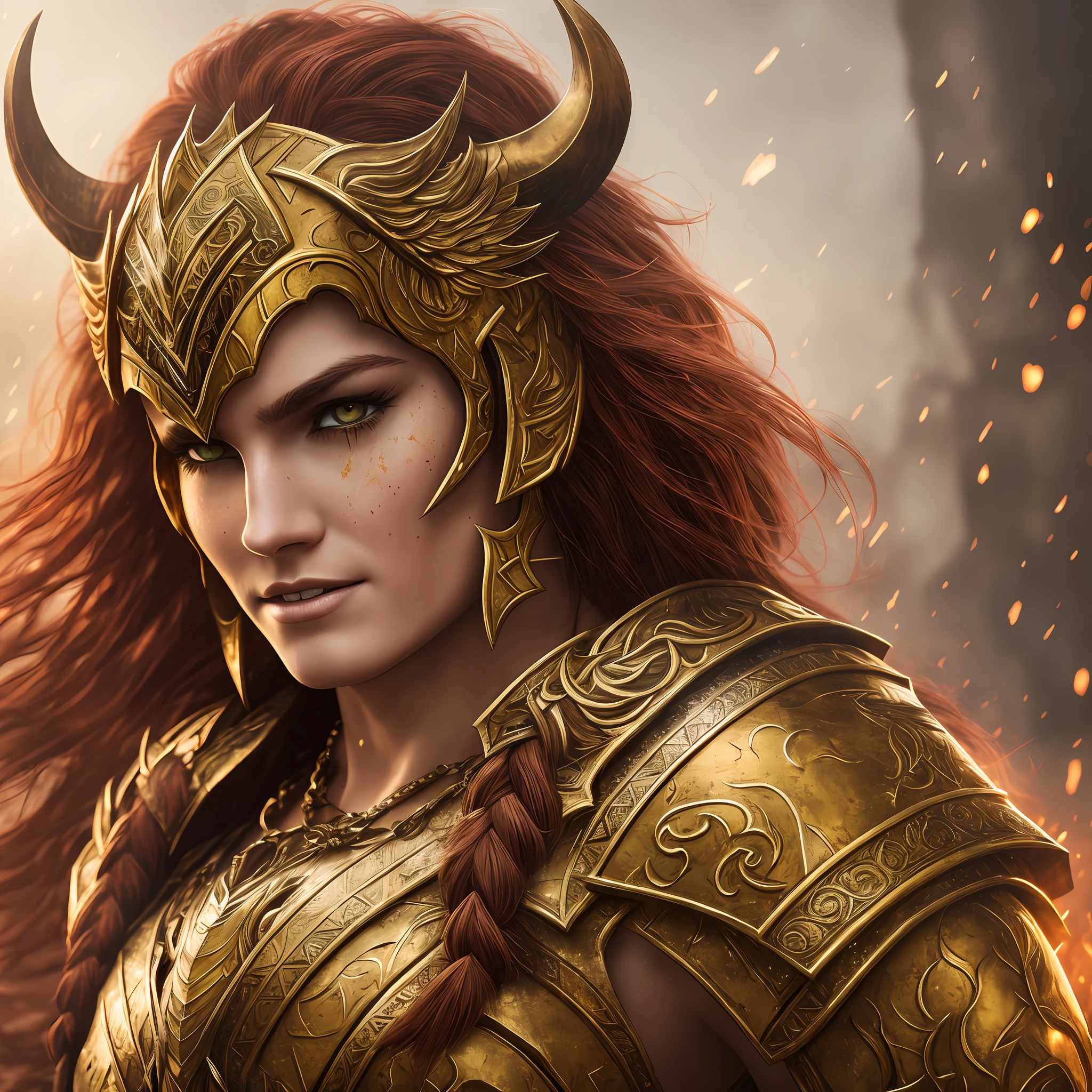 Golden armor, potrait berserker, barbarian woman, fantasy art, from her gaze alone enemies starting to panic, a head, devilish smile, beast of hell, demon, sky of white fire, warrior, with sickle and shield, beautiful, Werelion, long red hair braided, bright golden eyes, realistic, highly detailed, Unreal Engine, 8k-upscale --auto --s2