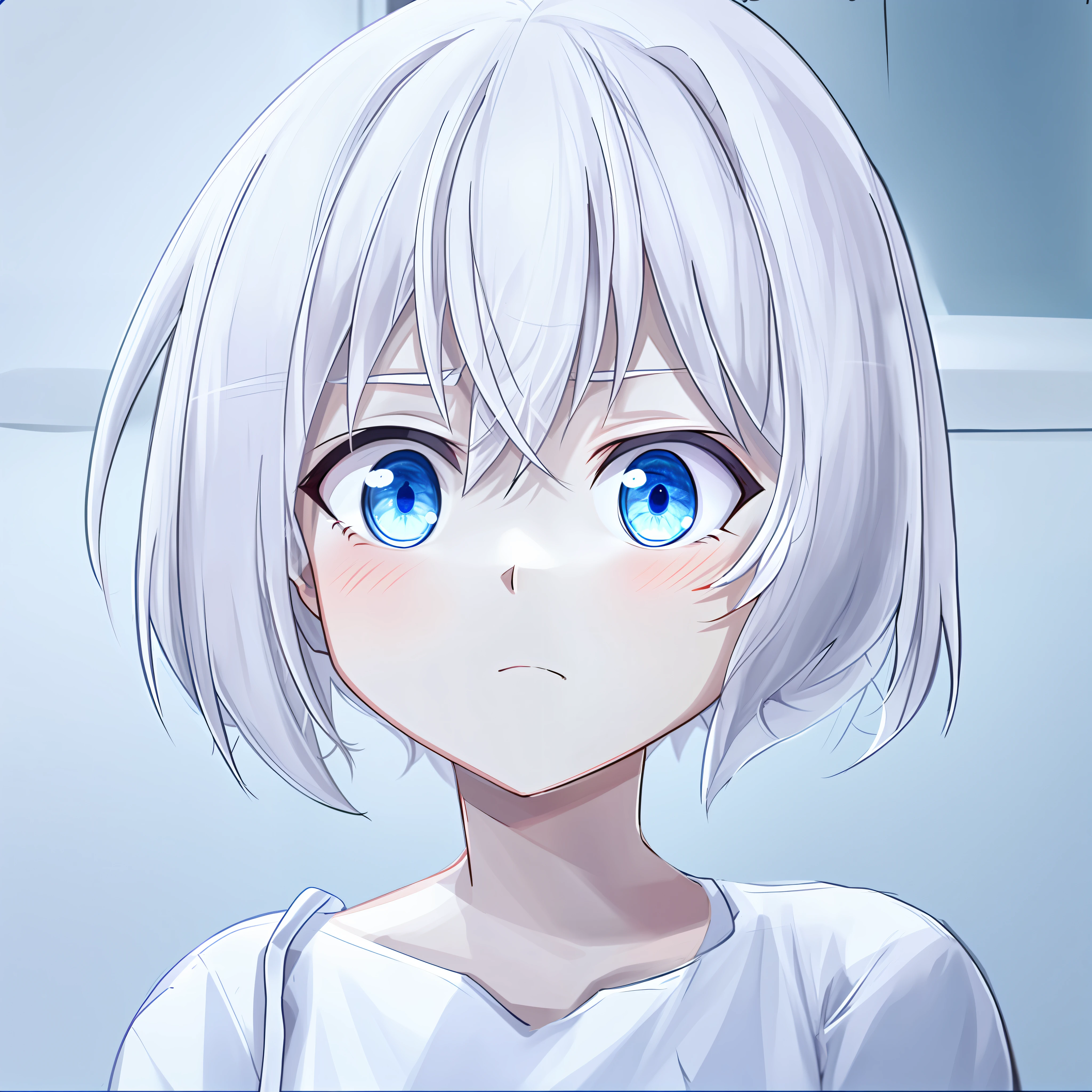 Anime girl, blue eyes, white hair, white t-shirt