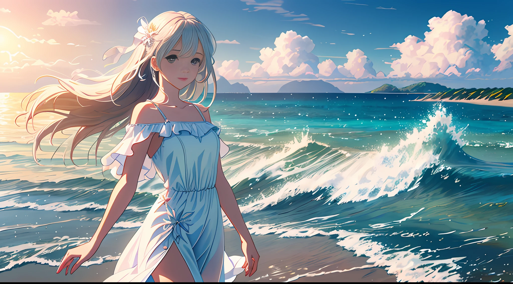 Very elaborate CG Unity 8K wallpaper, for girls, ultra high resolution, (photorealistic: 1.4), detailed depiction, beautiful girl, beach scene, wind, clouds, waves, elegant white dress, sun shining, reflection on water surface