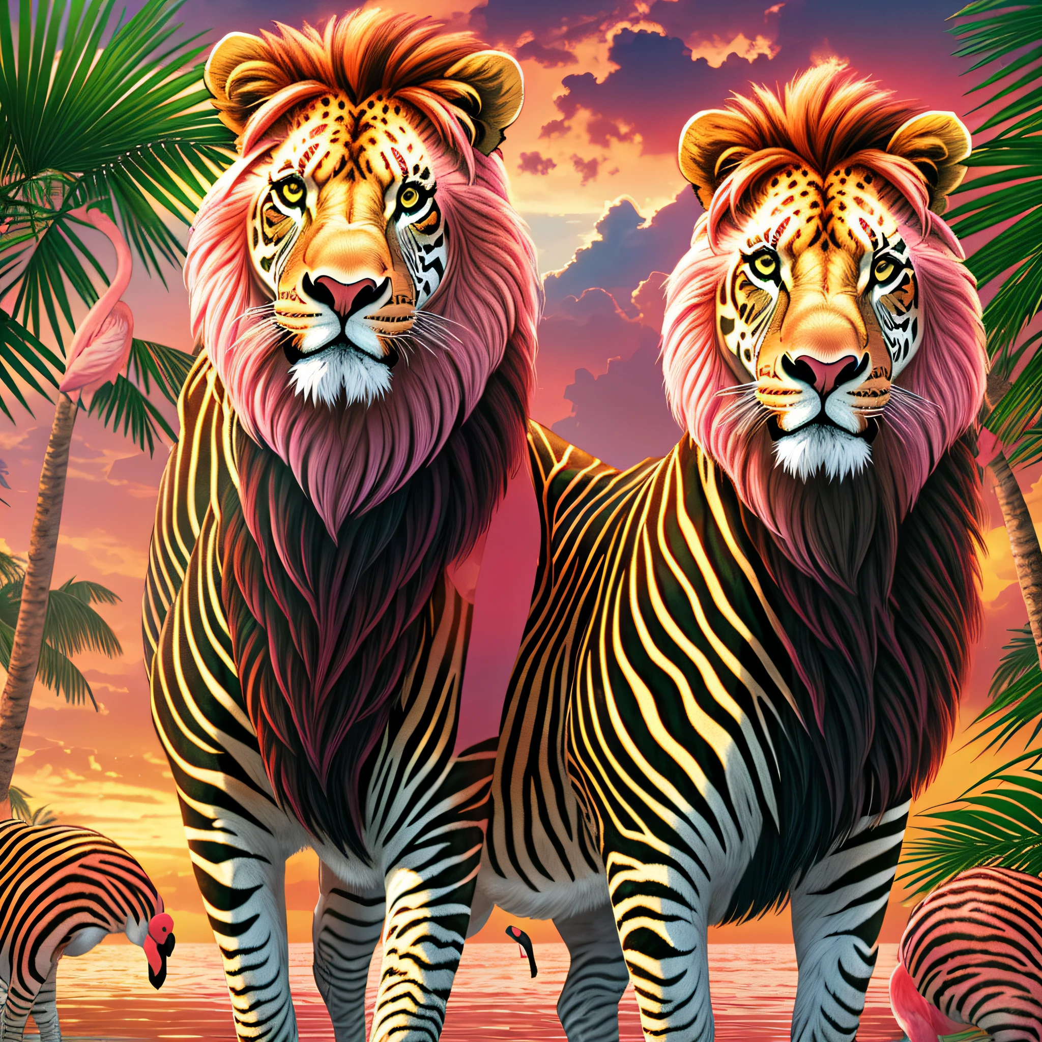 create a lion in the rainforest, gorgeous, healthy, long manes, leader, around you dancing zebras wearing Hawaiian skirts, ultra-realistic, flamingos in the background, on rainy day, sky with sunset, Nikon 2.8, blurred background, cinematic lighting, modern, fine in detail, hyper-realism, national geographic style, --auto --s2