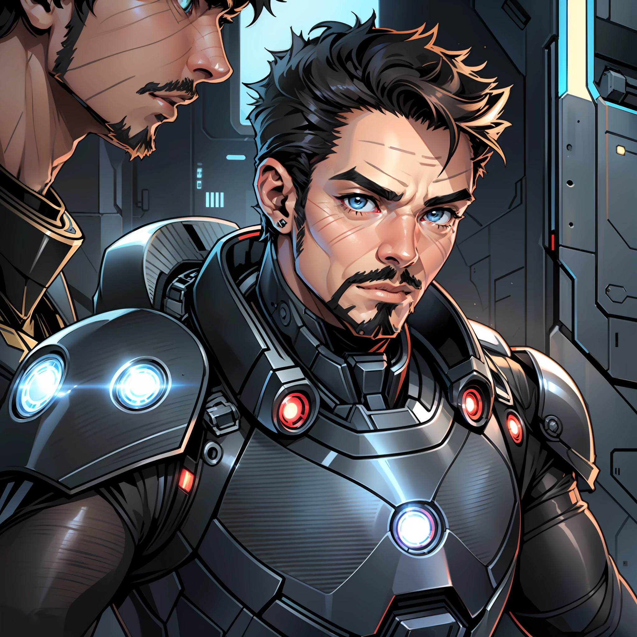 A closeup of a twenty-one-year-old in a black wetsuit with a sword, Cyborg Male, Paul Atreides, Tom Cruise as Kenshiro, Android male, Tom Cruise as Tony Stark, Jacen Solo, profile picture, Android James, male cyborg, sharp and elegant black armor, Tom Cruise as Iron Man, Gantz, no text, concept art by Tony Stark --auto --s2
